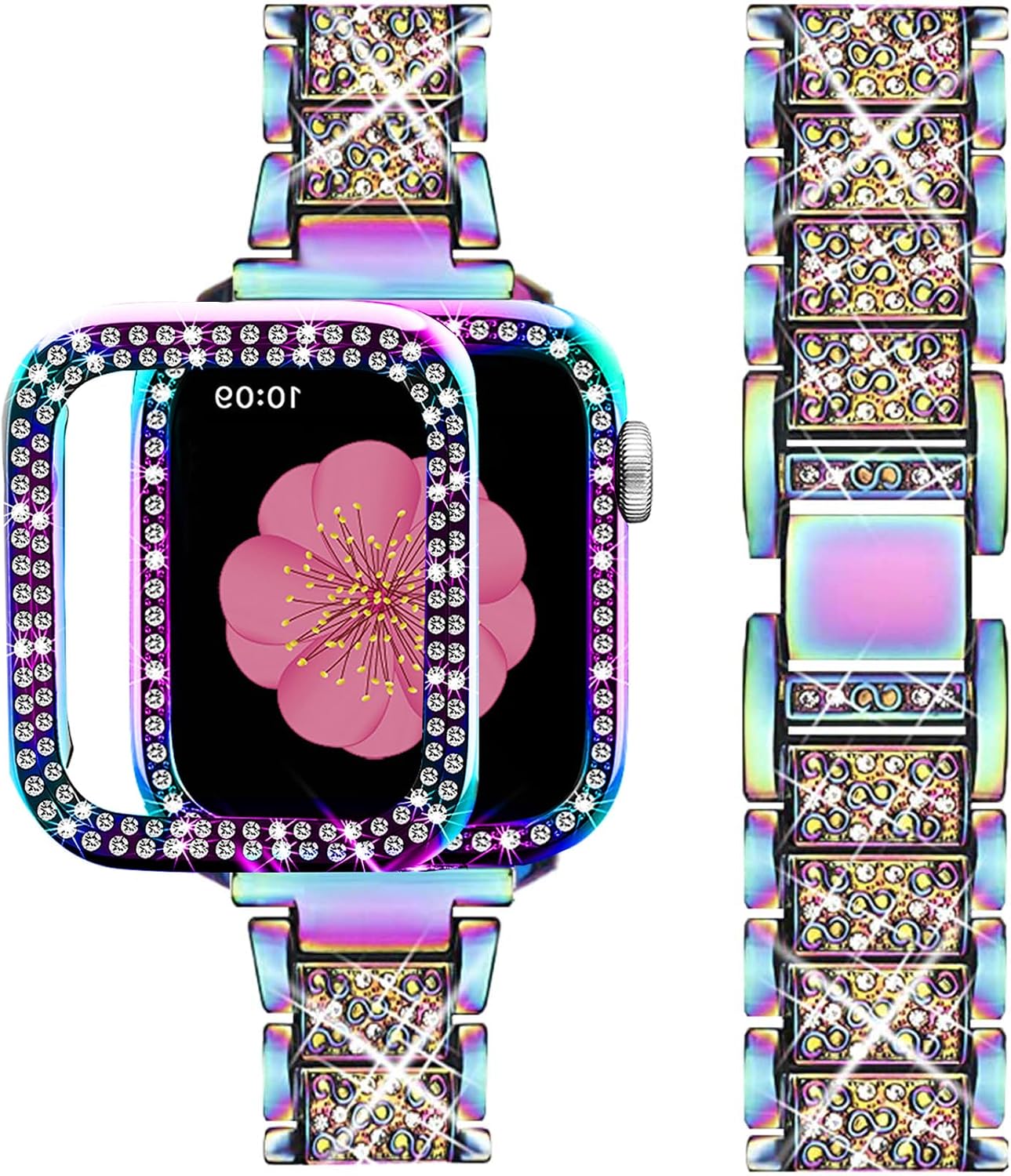 SUPOIX Compatible con Apple Watch Band de 1.92 pulgadas + funda, correa de metal con diamantes brillantes para mujer y paquete de 2 fundas