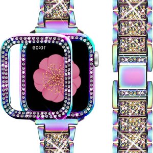 SUPOIX Compatible con Apple Watch Band de 1.92 pulgadas + funda, correa de metal con diamantes brillantes para mujer y paquete de 2 fundas SUPOIX Compatible con Apple Watch Band de 1.92 pulgadas + funda, correa de metal con diamantes brillantes para mujer y paquete de 2 fundas