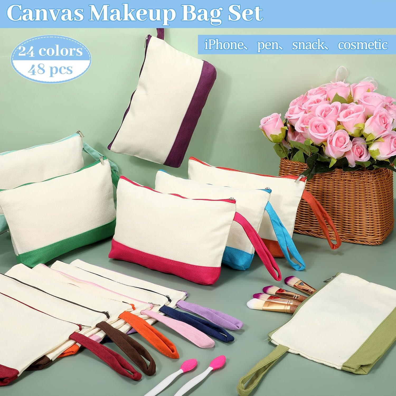 Silkfly 48 bolsas de maquillaje de lona de algodón, bolsa de cosméticos de lona de 10.2 x 5.5 x 2 pulgadas, bolsa de maquillaje de dos tonos a