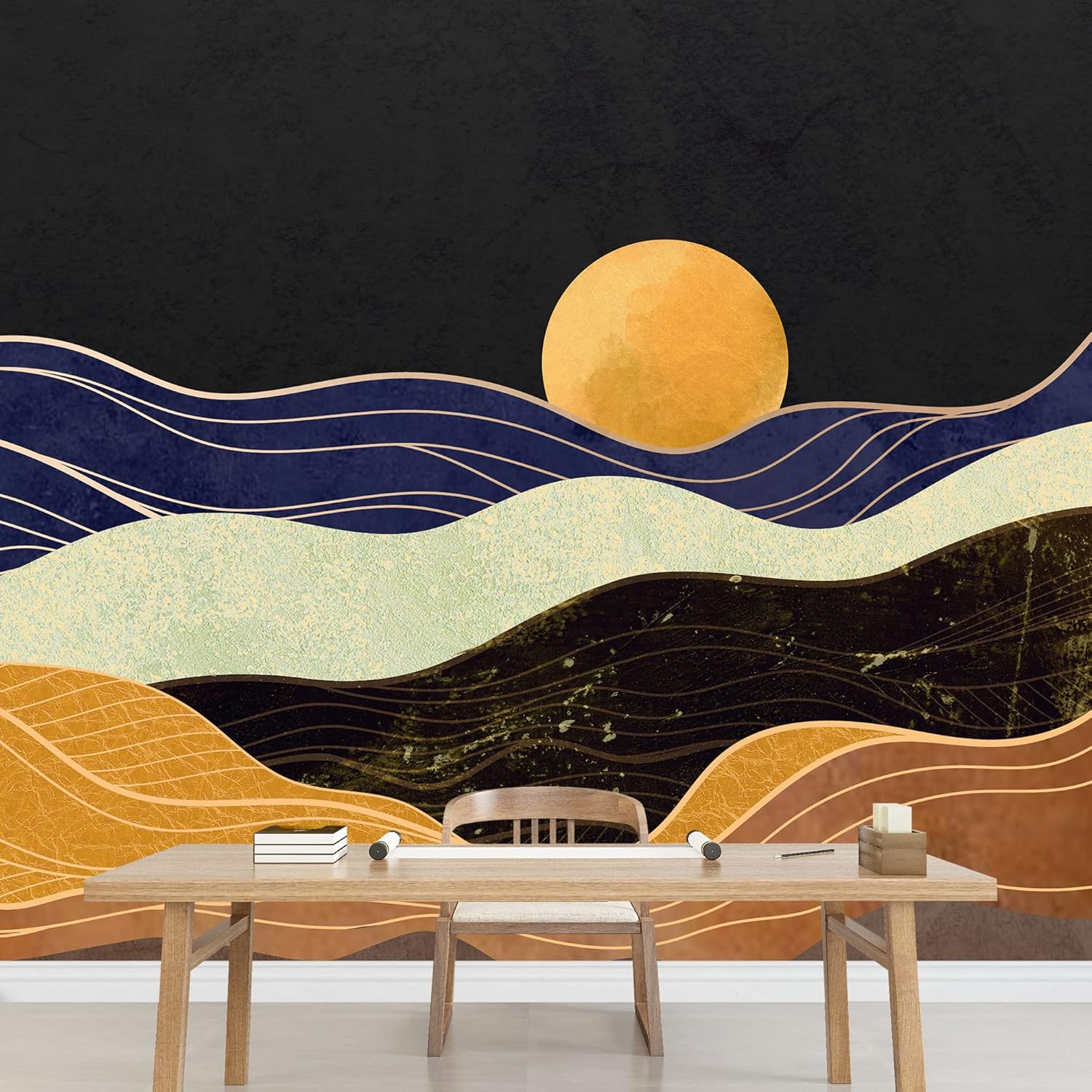 SIGNFORD Adhesivo mural removible para pared, mármol de granito, ondas doradas, cordillera, sol, naturaleza, desierto, ilustraciones, arte rústico,