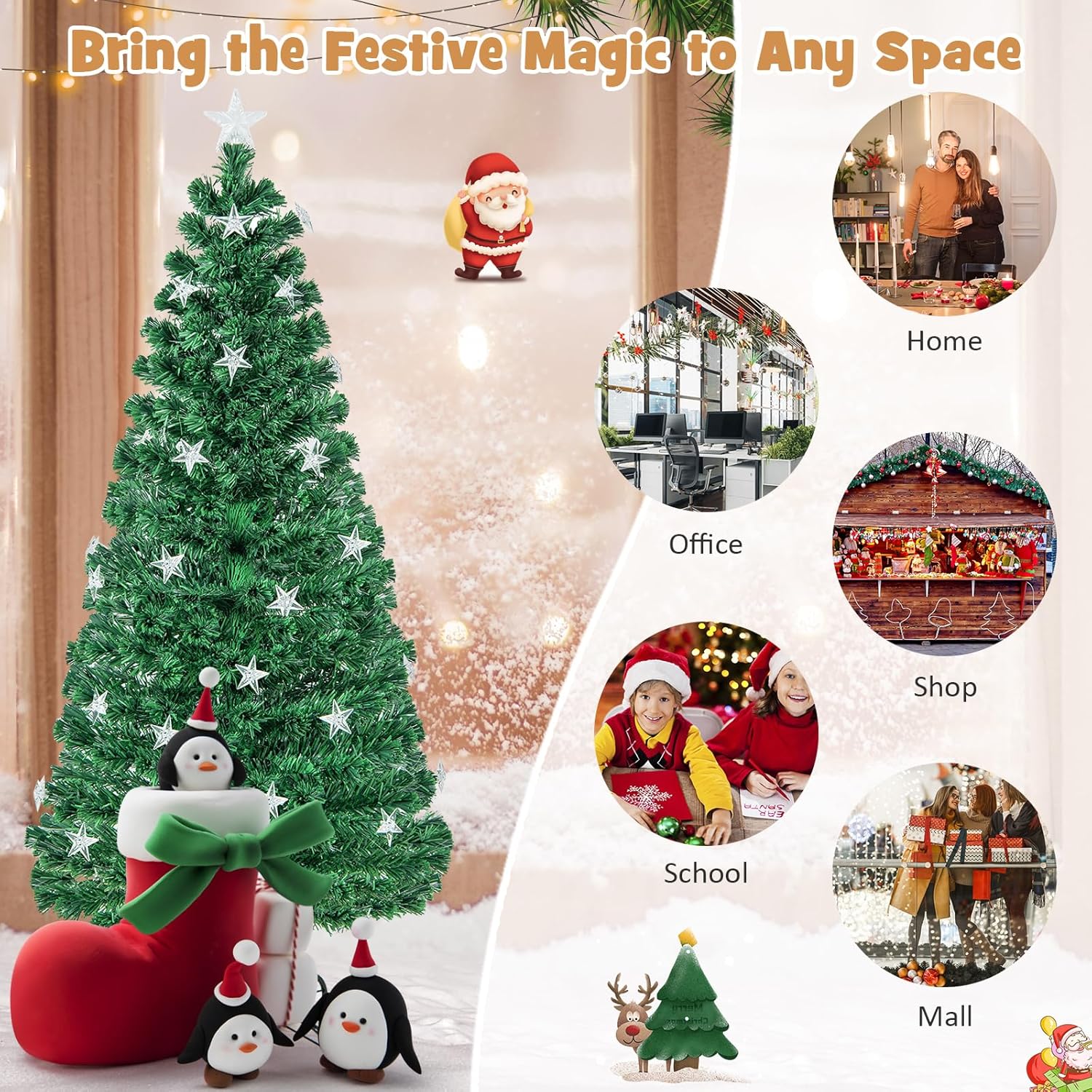 HAPPYGRILL Árbol de Navidad preiluminado de 6 pies, árbol de Navidad artificial con 230 puntas de rama, 30 luces de estrella blancas cálidas, fibra