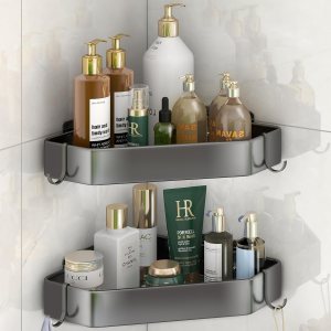 Organizador de ducha adhesivo, paquete de 2, estantes organizadores de ducha de aluminio de aviación a prueba de óxido con soporte de ganchos, Organizador de ducha adhesivo, paquete de 2, estantes organizadores de ducha de aluminio de aviación a prueba de óxido con soporte de ganchos,