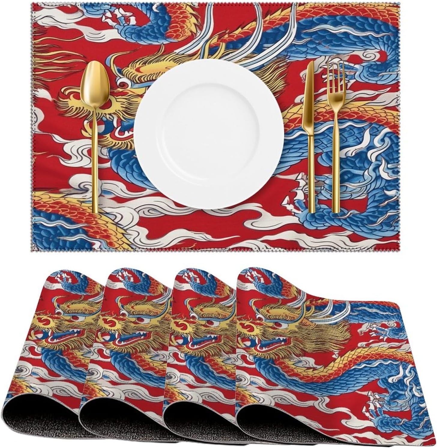 Juego de 4 manteles individuales de dragón chino naranja, rojo y azul, estilo granja, para mesa de comedor, cocina, hotel, decoración lavable