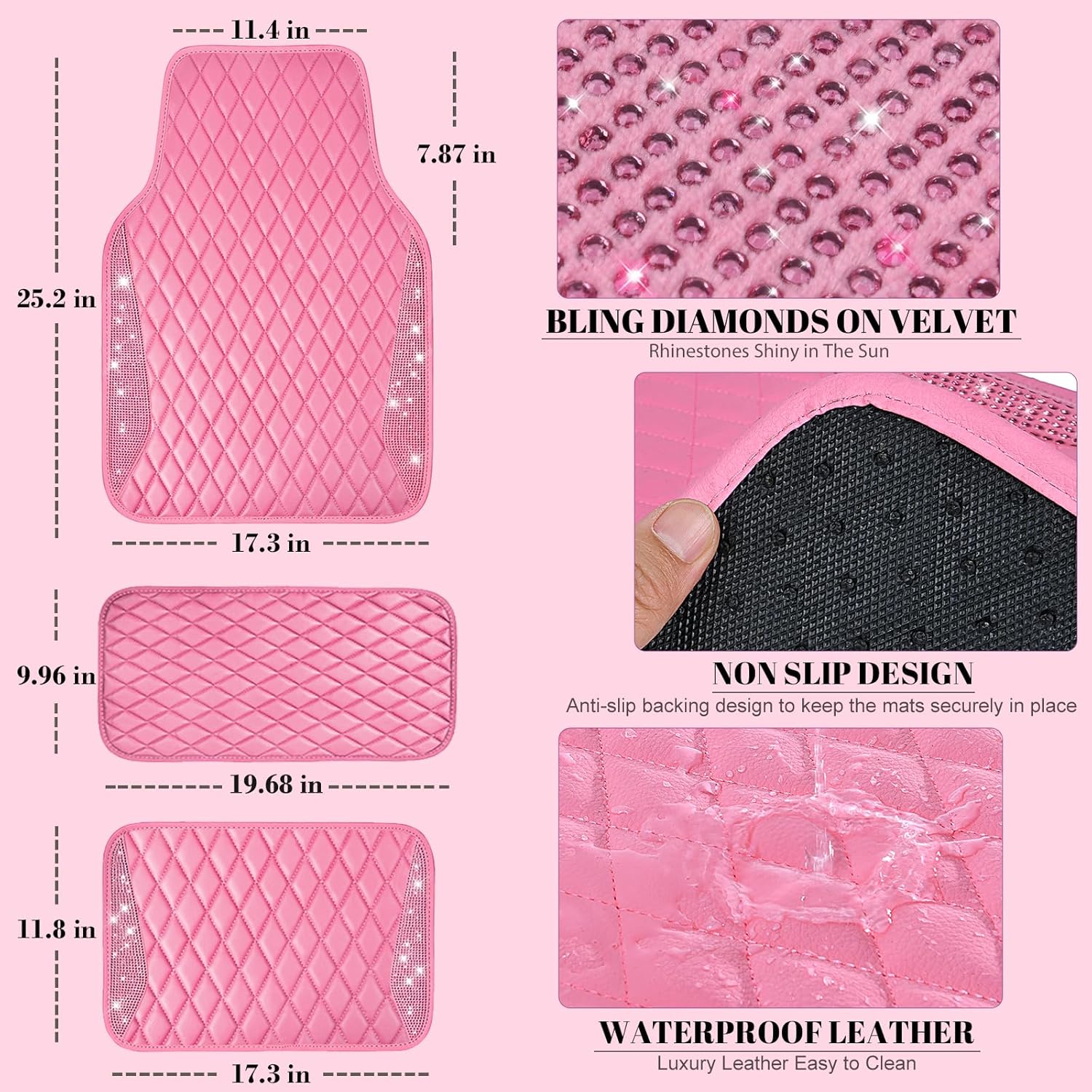CAR PASS Tapetes de cuero brillantes para automóvil, con diamantes brillantes, con diamantes de imitación y purpurina brillante, antideslizante,