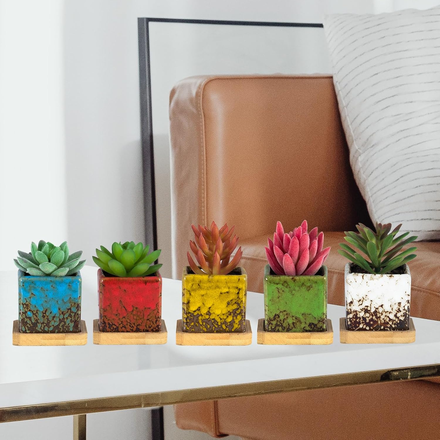 ARTKETTY Set of 10 Succulent Pots with Drainage Trays, 2.1 Inch Ceramic Pots for Indoor Flower Plants, Small Square Cactus Planter Pots Bulk for