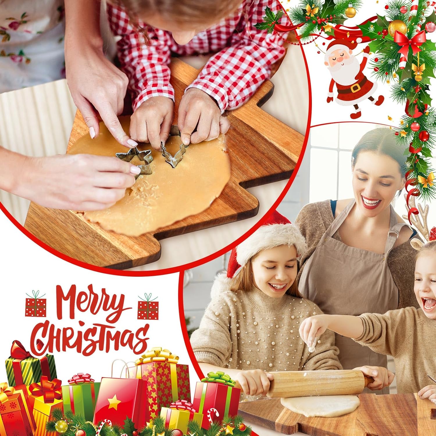 Juego de 3 tablas de cortar de cocina de Navidad con asas, accesorios de cocina de acacia orgánica, tabla de cortar en forma de árbol de Navidad,