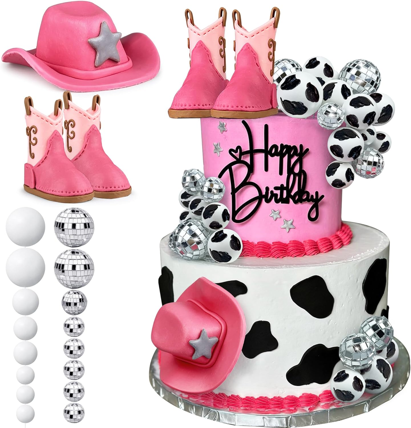 25 piezas de decoraciones para tartas de vaquera, sombrero de vaquera y botas, decoración de pastel de bola de discoteca, decoración de pastel de