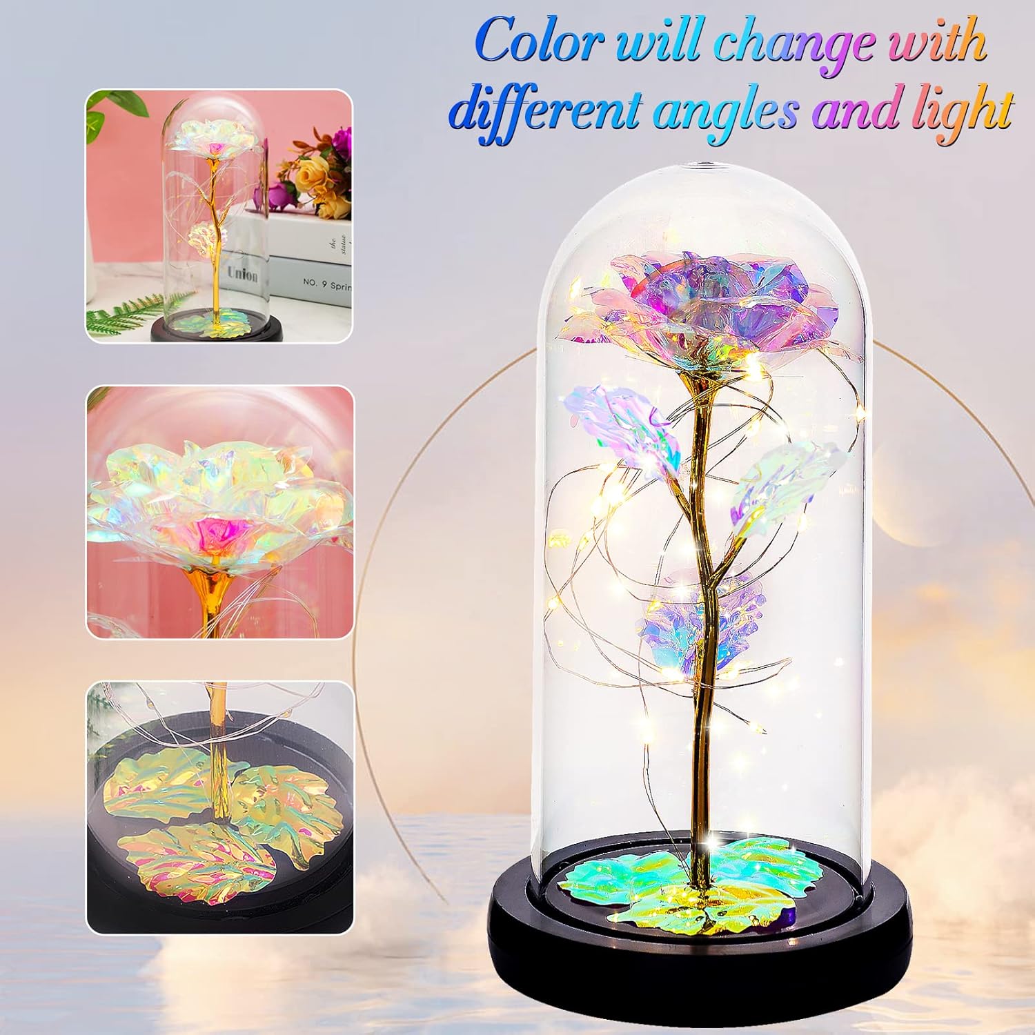 Regalos de rosas iluminadas para mujeres, regalos de rosas de cristal para mamá, novia, esposa, amiga, amante, boda, rosa transparente iluminada en