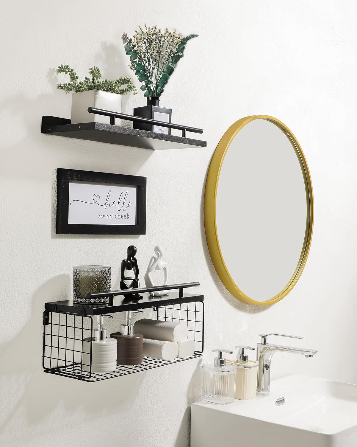 ZORCOR Estantes flotantes con letrero de decoración de baño, cesta de almacenamiento de papel higiénico de granja de madera, juego de 3, estante