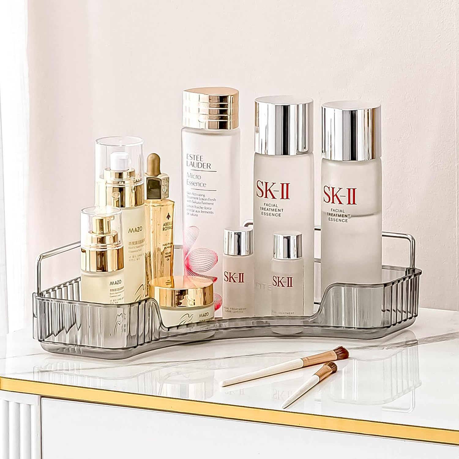 Organizador de esquina para encimera de baño, bandejas de tocador de 1 nivel para encimera de baño, organizador de maquillaje, bandeja de perfume,