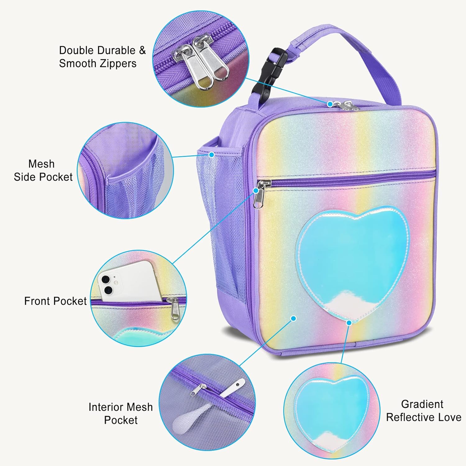 Samhe Lonchera para niñas y niños, bolsa de mano aislada con diseño de arco iris, a prueba de fugas, térmica, reutilizable, para la escuela, la