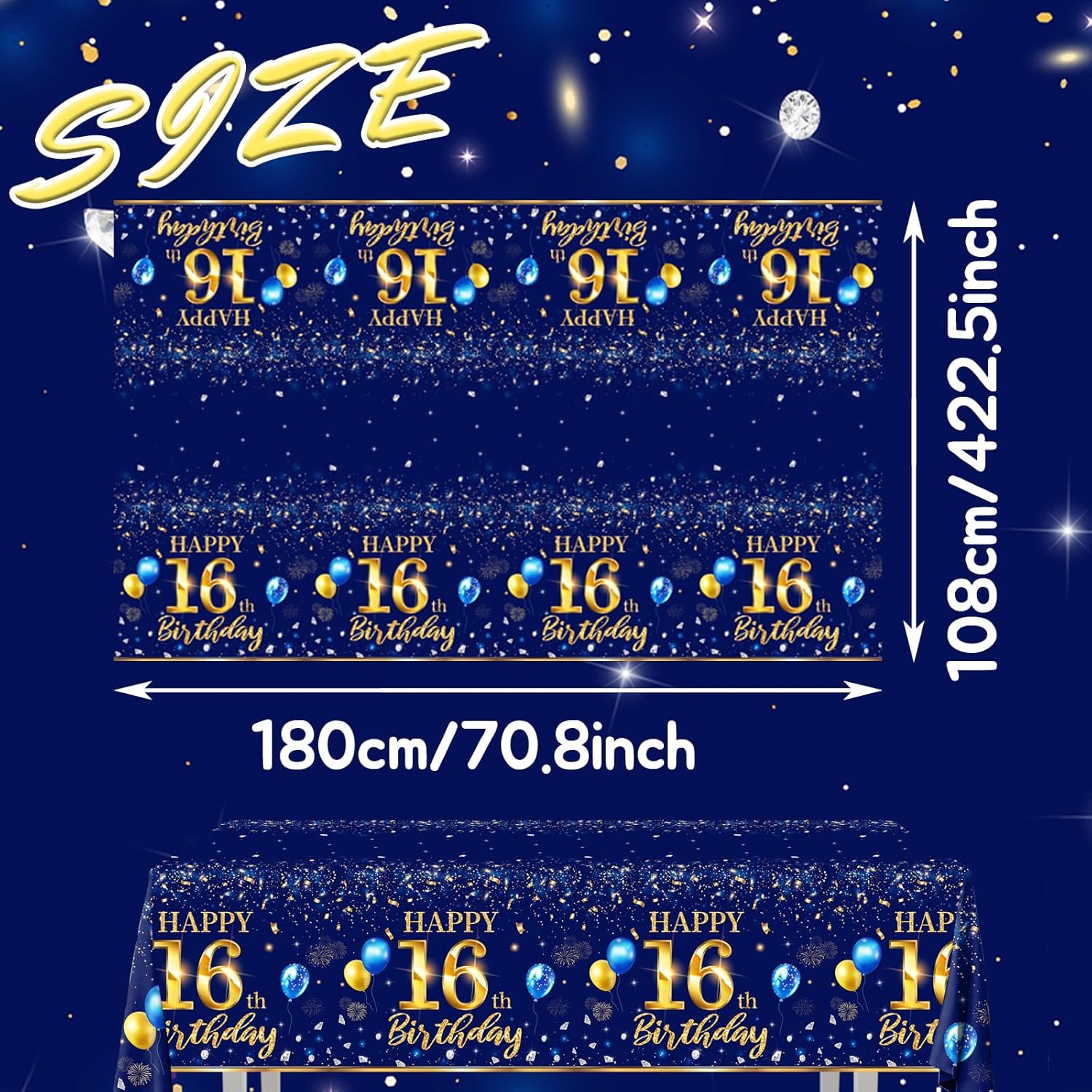 Decoraciones de cumpleaños número 16 para hombre, 3 piezas, color azul marino, fundas rectangulares de plástico impermeables de plástico dorado y
