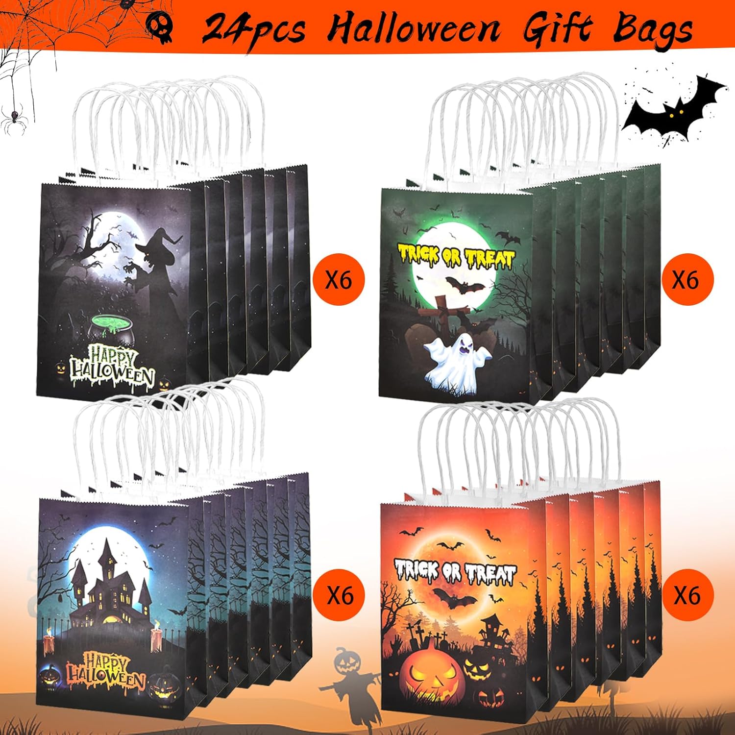 OGLARING – 24 bolsas de papel de regalo de Halloween, pequeñas bolsas de dulces de Halloween con asa, bolsas a granel para dulces o trucos para