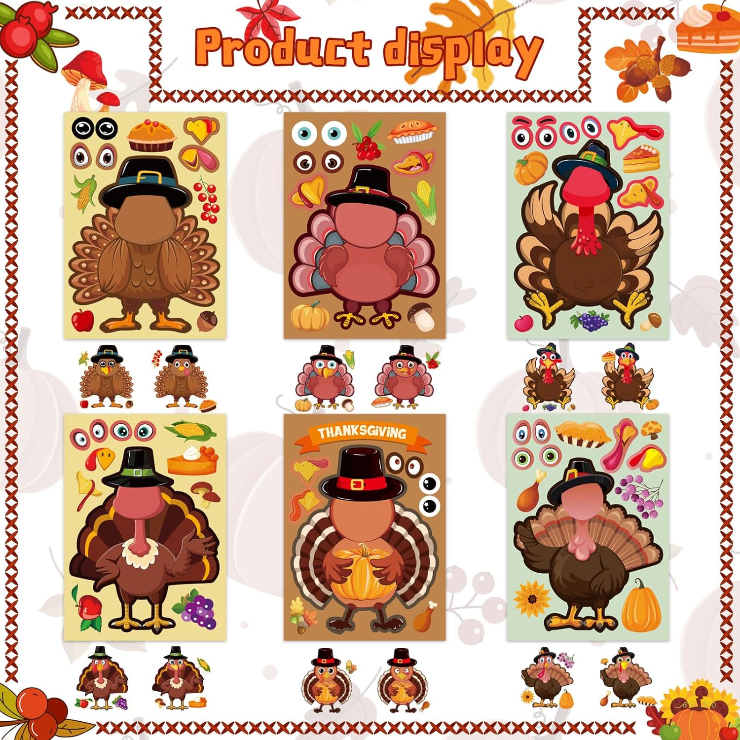 24 hojas de calcomanías Make-a-Turkey para fiestas de Acción de Gracias, suministros para niños, juegos de pavo, manualidades, calcomanías de otoño,