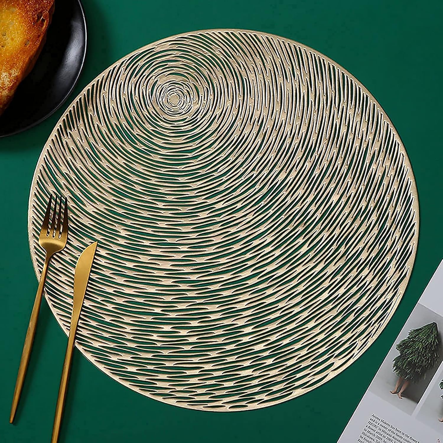 Cedilis Paquete de 12 manteles individuales de vinilo metálico dorado, antideslizantes, lavables, manteles individuales redondos para decoración de