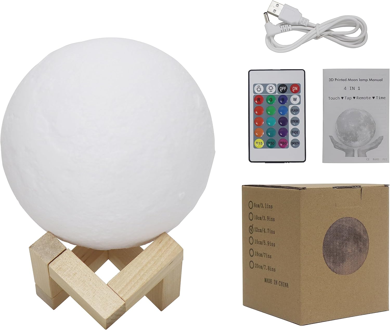 Lámpara de luna, impresión 3D de 4.72 pulgadas, 16 colores, luz nocturna de luna con soporte, control remoto y táctil, brillo ajustable y recarga