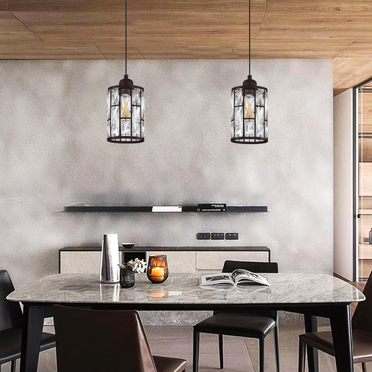 Paquete de 2 colgantes de isla de cocina con pantalla de cristal de 5.4 pulgadas, acabado de bronce aceitado, moderno accesorio colgante con