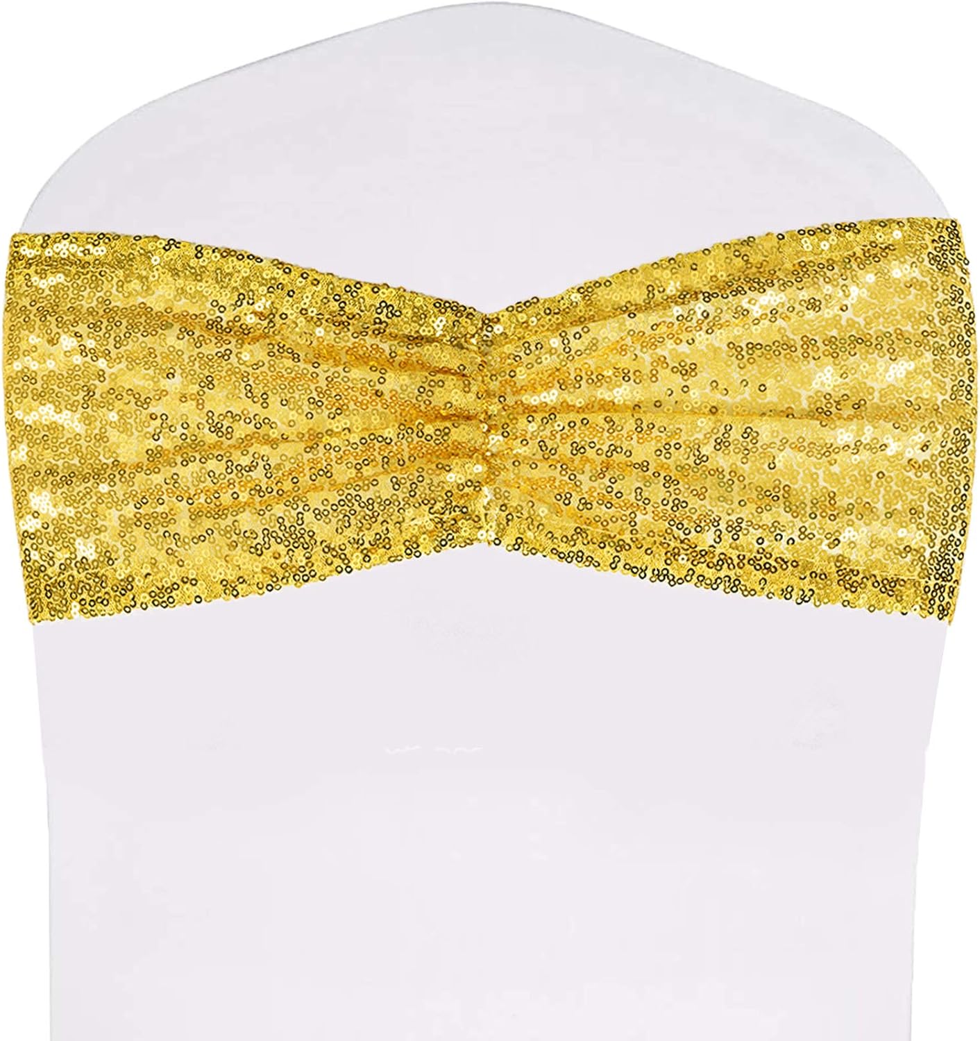 SquarePie Paquete de 20 bandas de lentejuelas para sillas con purpurina para decoración de fundas de silla, banquetes de boda, fiesta, color dorado