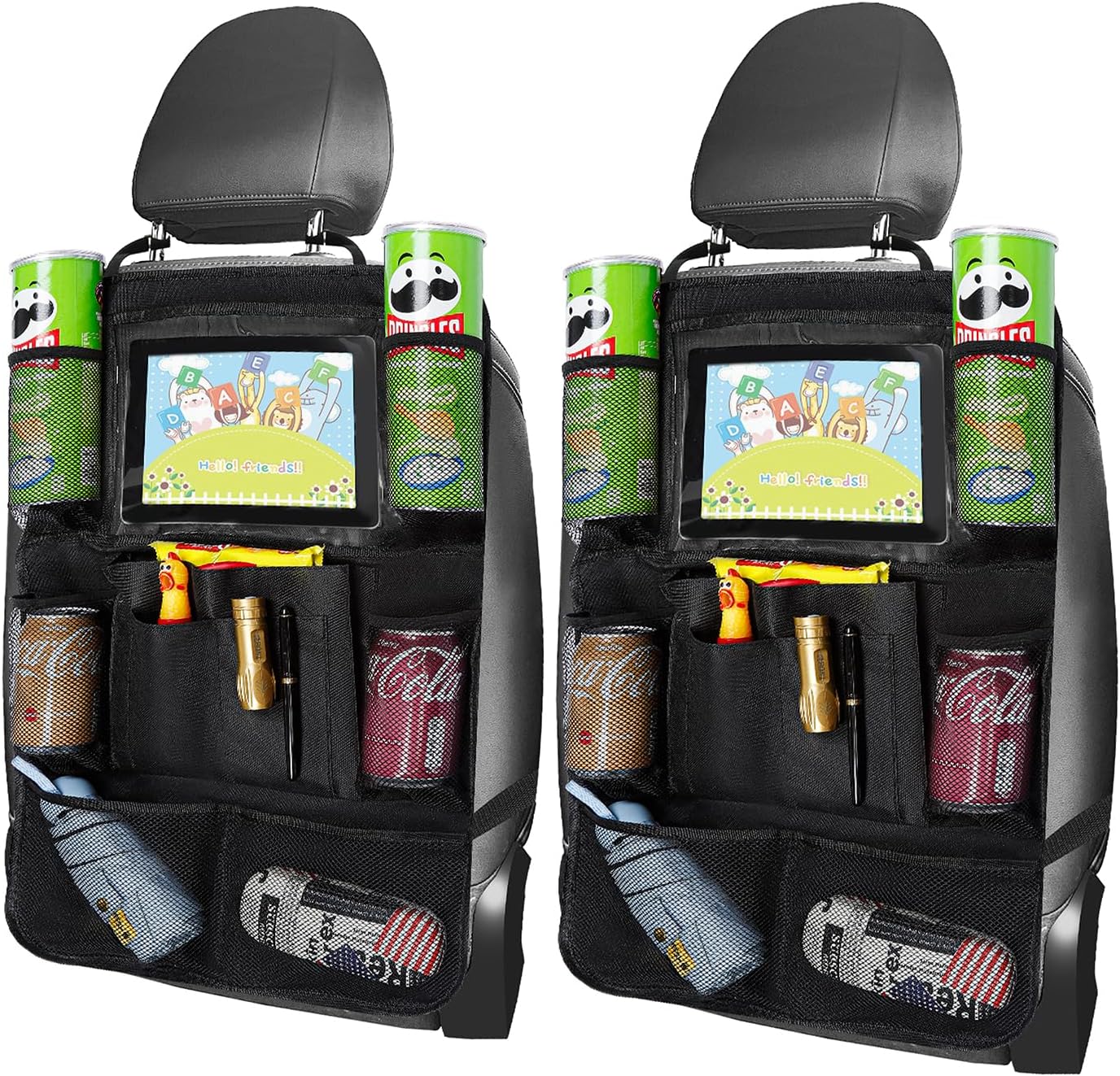 Organizador de asiento trasero de automóvil con soporte transparente para tableta, tela Oxford 600D, 9 compartimentos de almacenamiento, soporte