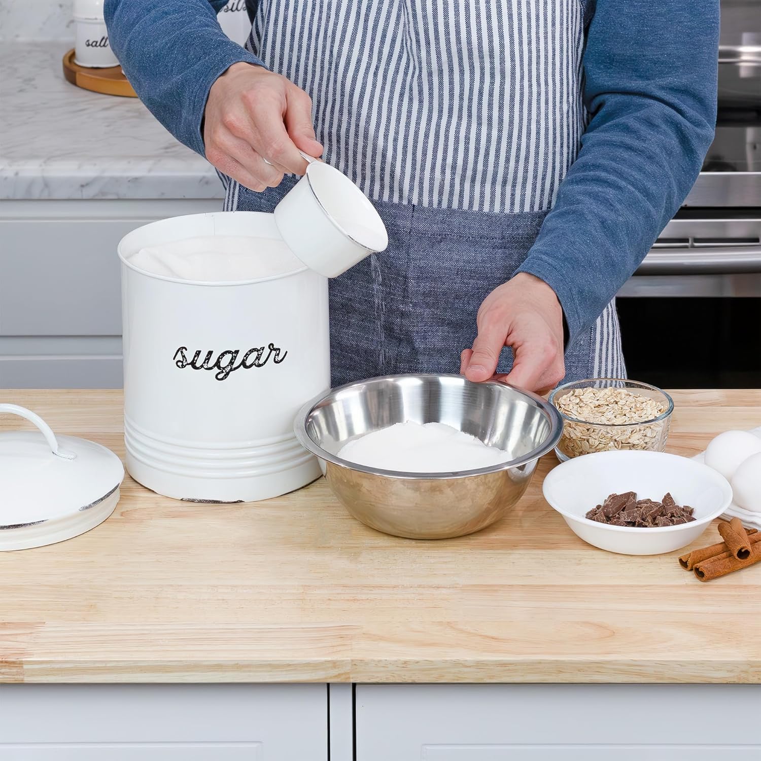 AuldHome – Recipiente de azúcar blanco esmaltado almacenamiento de grapas de estilo rústico envejecido para cocina