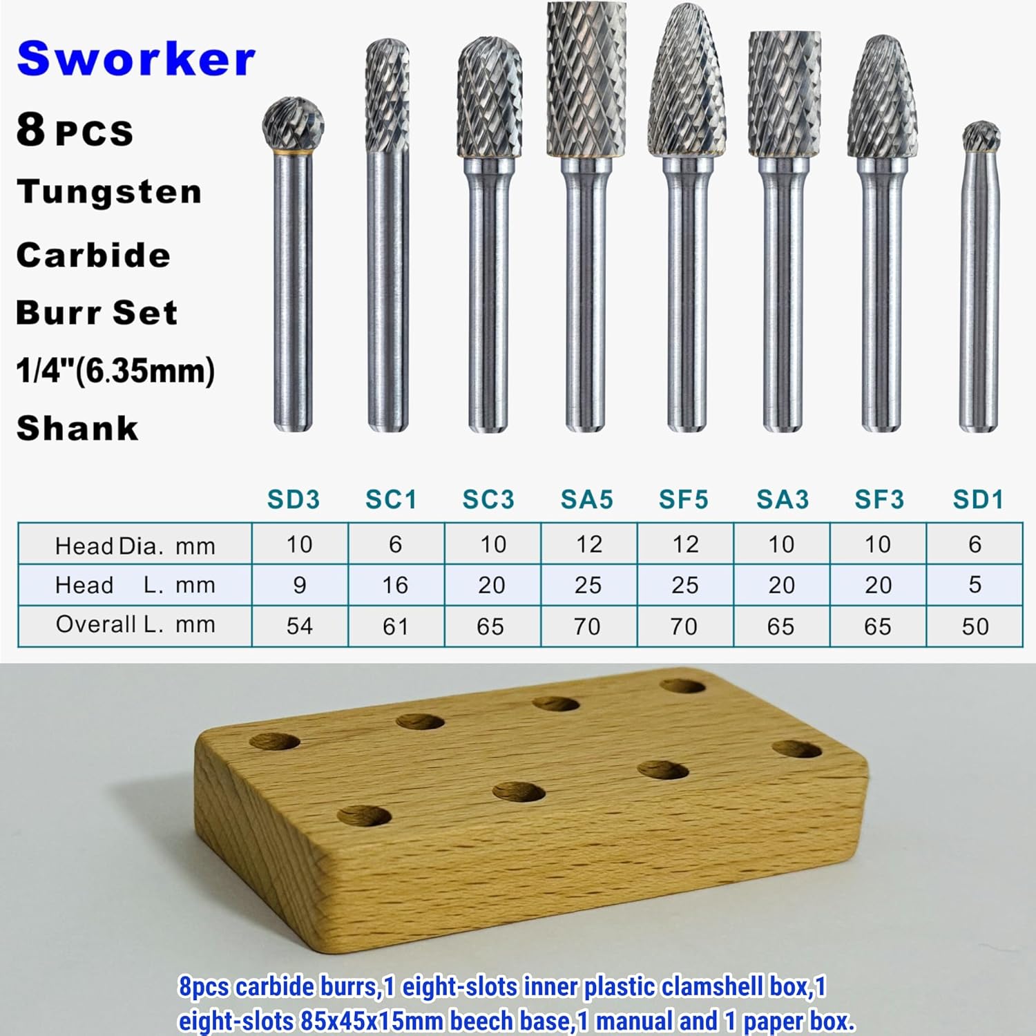 Sworker Juego de fresas de carburo de 14 de pulgada, vástago de 14 pulgadas, 8 piezas con base de madera, brocas rotativas para soldaduras de metal,