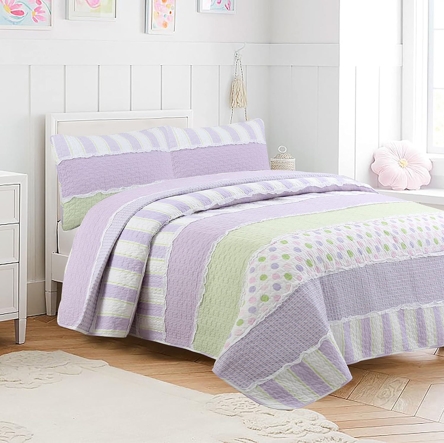 Cozy Line Home Fashions Juego de ropa de cama reversible de algodón con estampado de lunares y lunares blancos con volantes y retazos