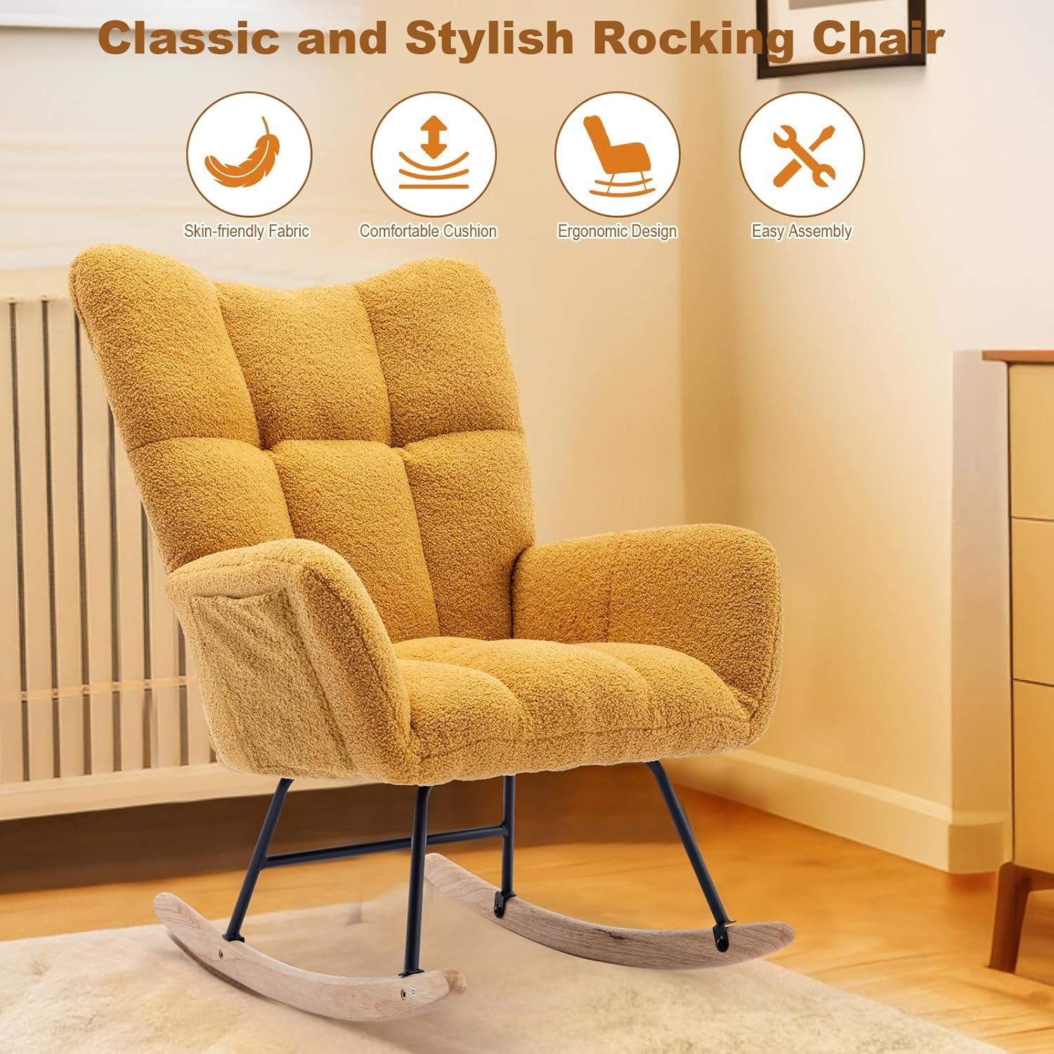 Mecedora de cúrcuma, mecedora tapizada de peluche suave, para habitación del bebé, con respaldo alto y reposabrazos, silla de lectura, mecedora