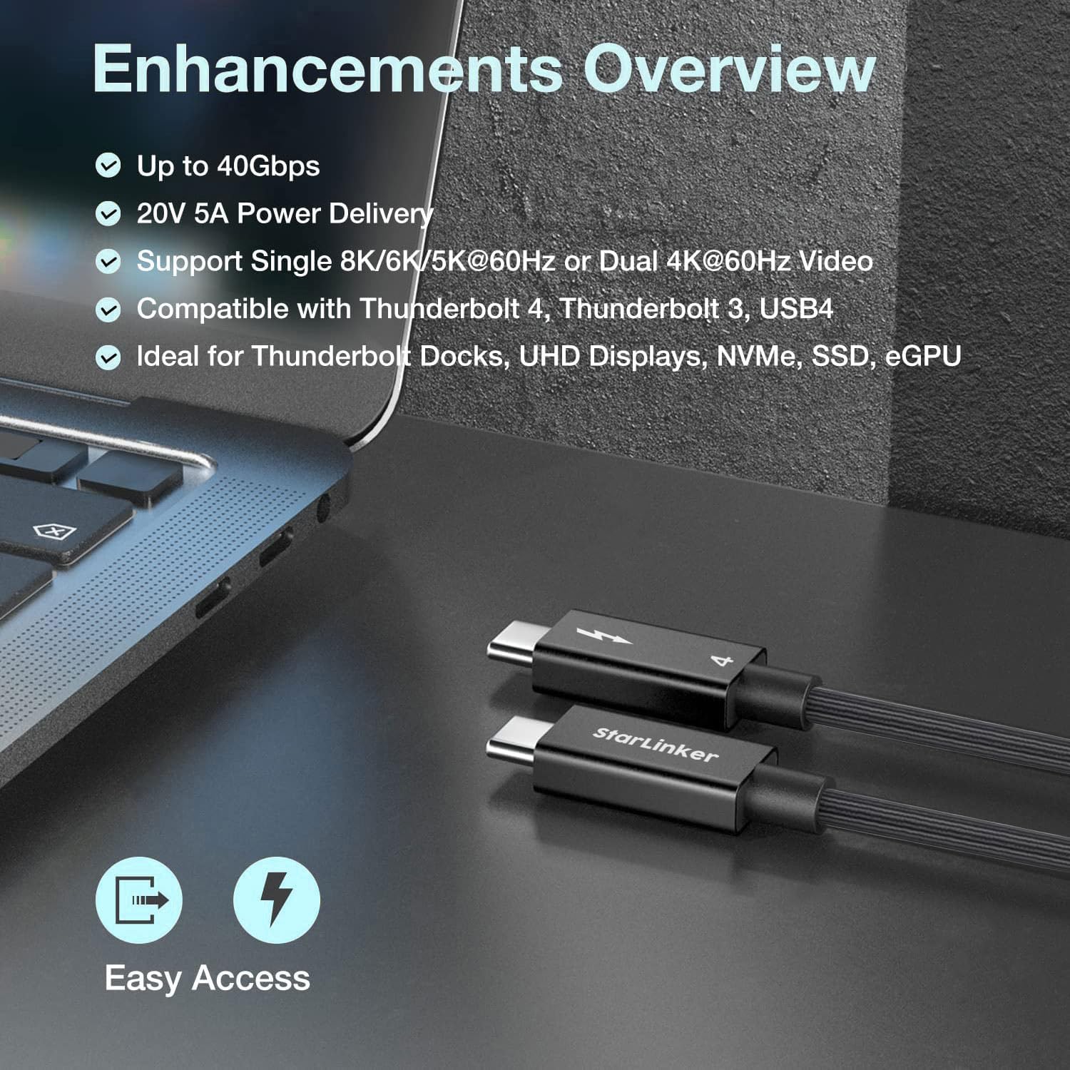 Cable Thunderbolt 4 de 100 W 3.3 pies 3.3 ft pantalla HD 8K y 40 Gbps, USB C a USB C para portátil, tableta, concentrador, acoplamiento Thunderbolt