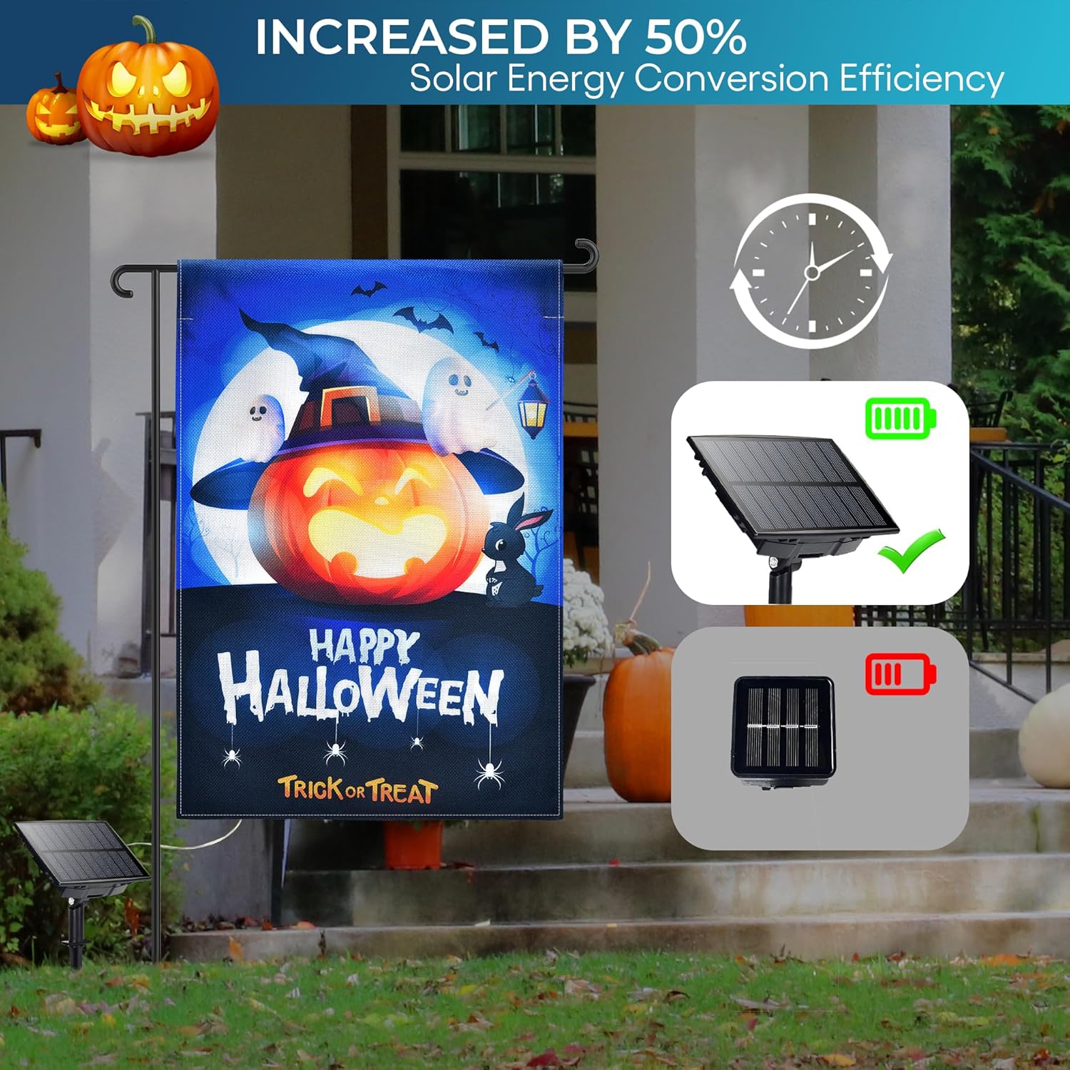 NEVIRIGE Bandera de jardín intermitente de Halloween, bonita bandera iluminada con diseño de fantasma de calabaza para decoraciones de Halloween,