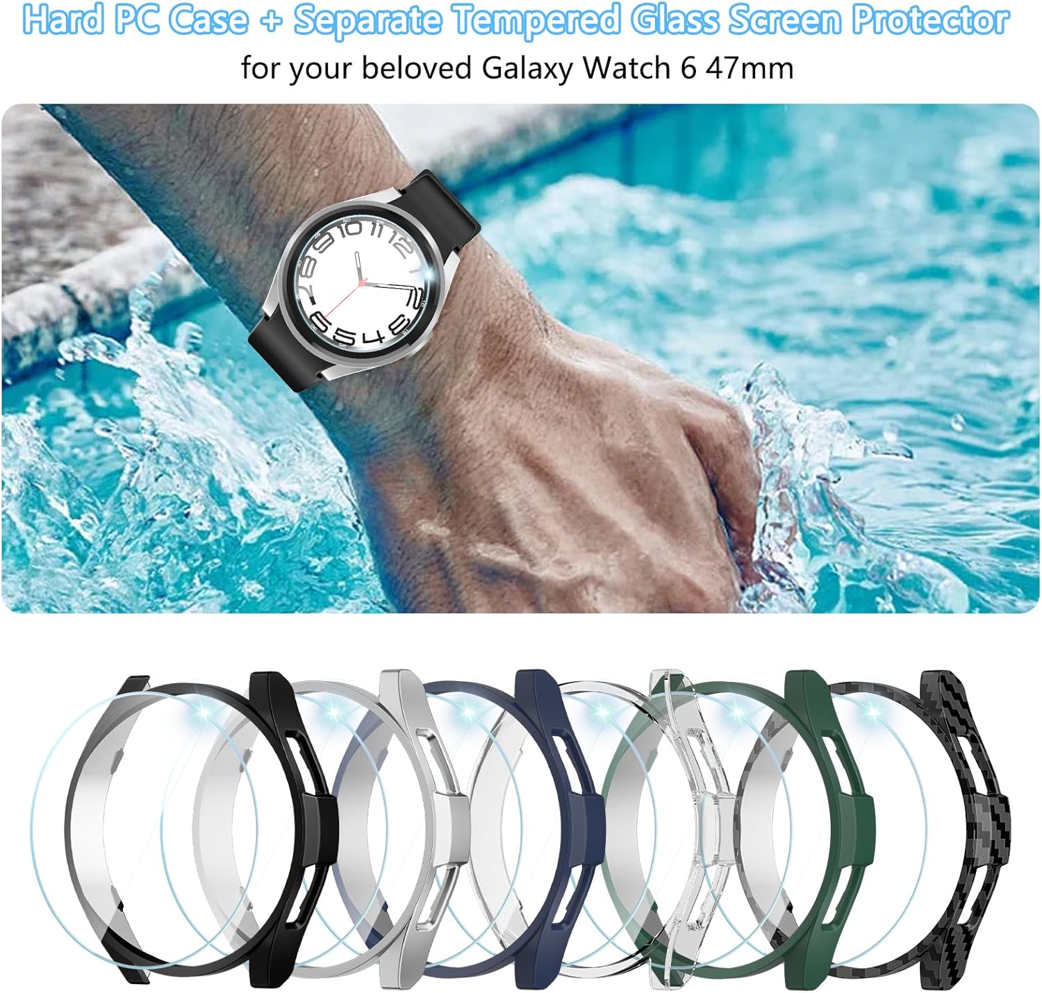 Haojavo Paquete de 6+8 fundas protectoras de pantalla para Samsung Galaxy Watch 6 Classic de 1.772 pulgadas, paquete de 6 cubiertas de policarbonato