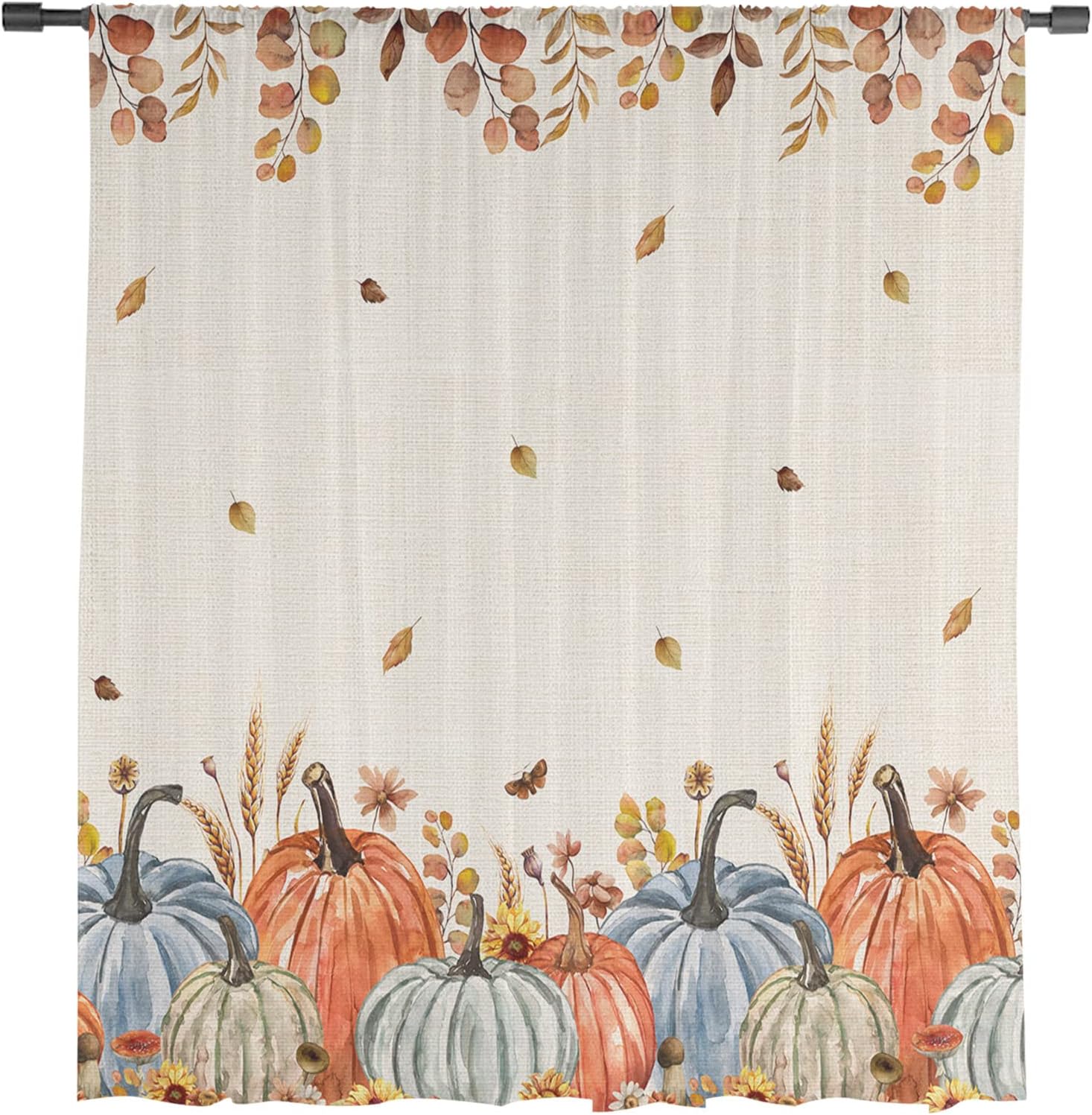 Cortinas de gasa de otoño con diseño de calabazas azules y naranjas de 54 pulgadas de largo, elegantes paneles de ventana de hoja de arce de Acción