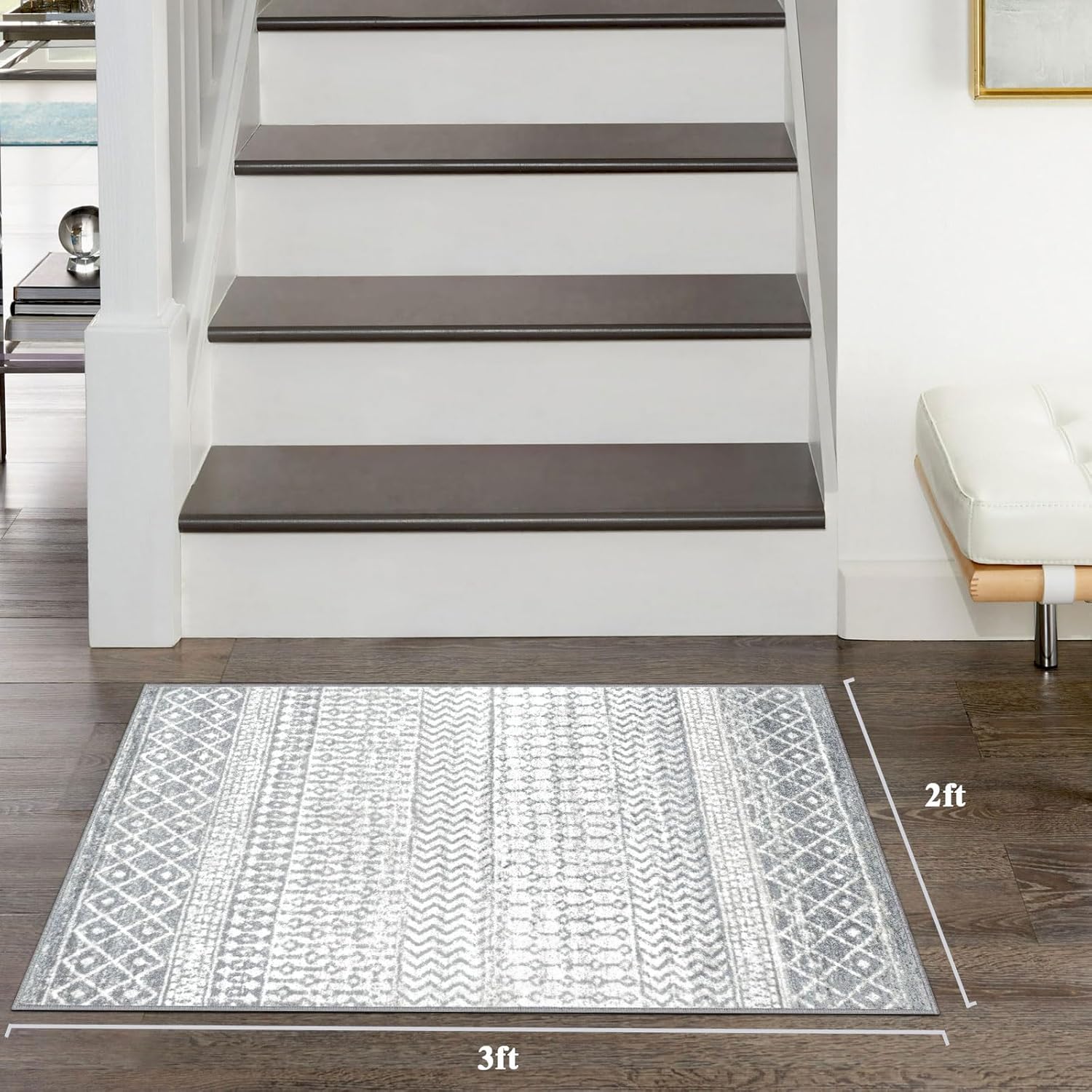 Alfombra marroquí bohemia, de 2 x 3 pulgadas, pequeña, lavable, antideslizante, para puerta de interior, color gris y blanco, alfombra decorativa de