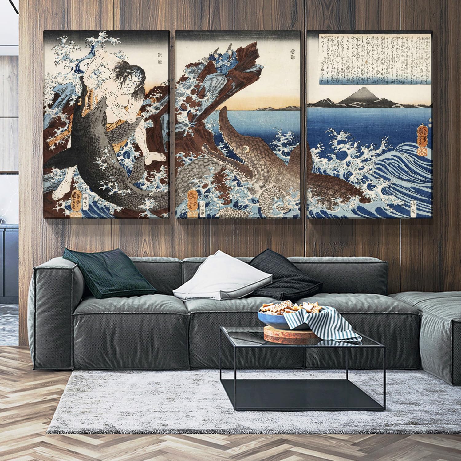 Dimpoli Lienzo de pintura japonesa para decoración de pared, 3 piezas, 32 x 48 pulgadas, Katsushika Hokusai, paisaje general, Kamakura y cocodrilo,