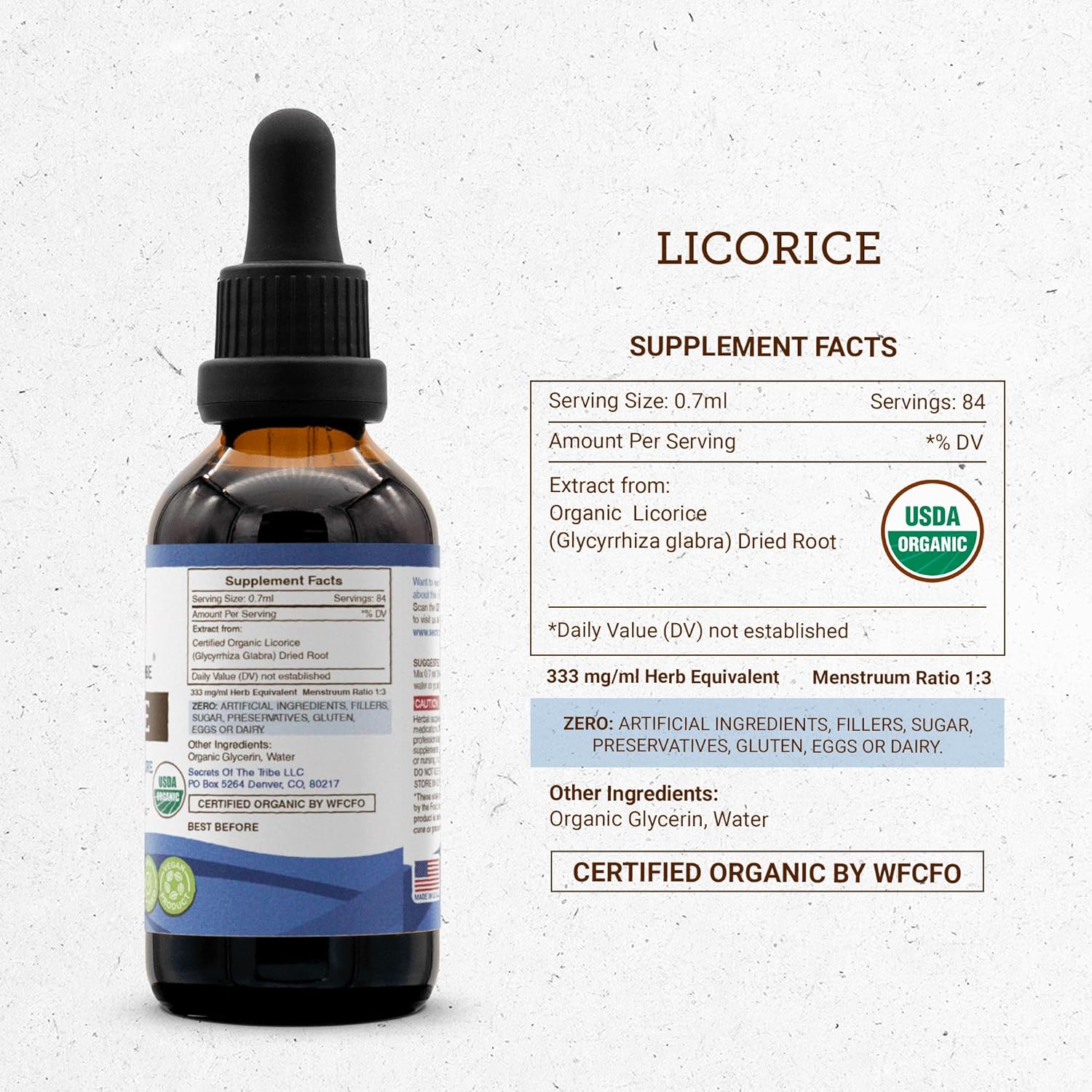 Secrets of the Tribe Regaliz USDA Orgánico  Extracto sin alcohol, gotas de hierbas de alta potencia  Hecho de regaliz orgánico 100% certificado