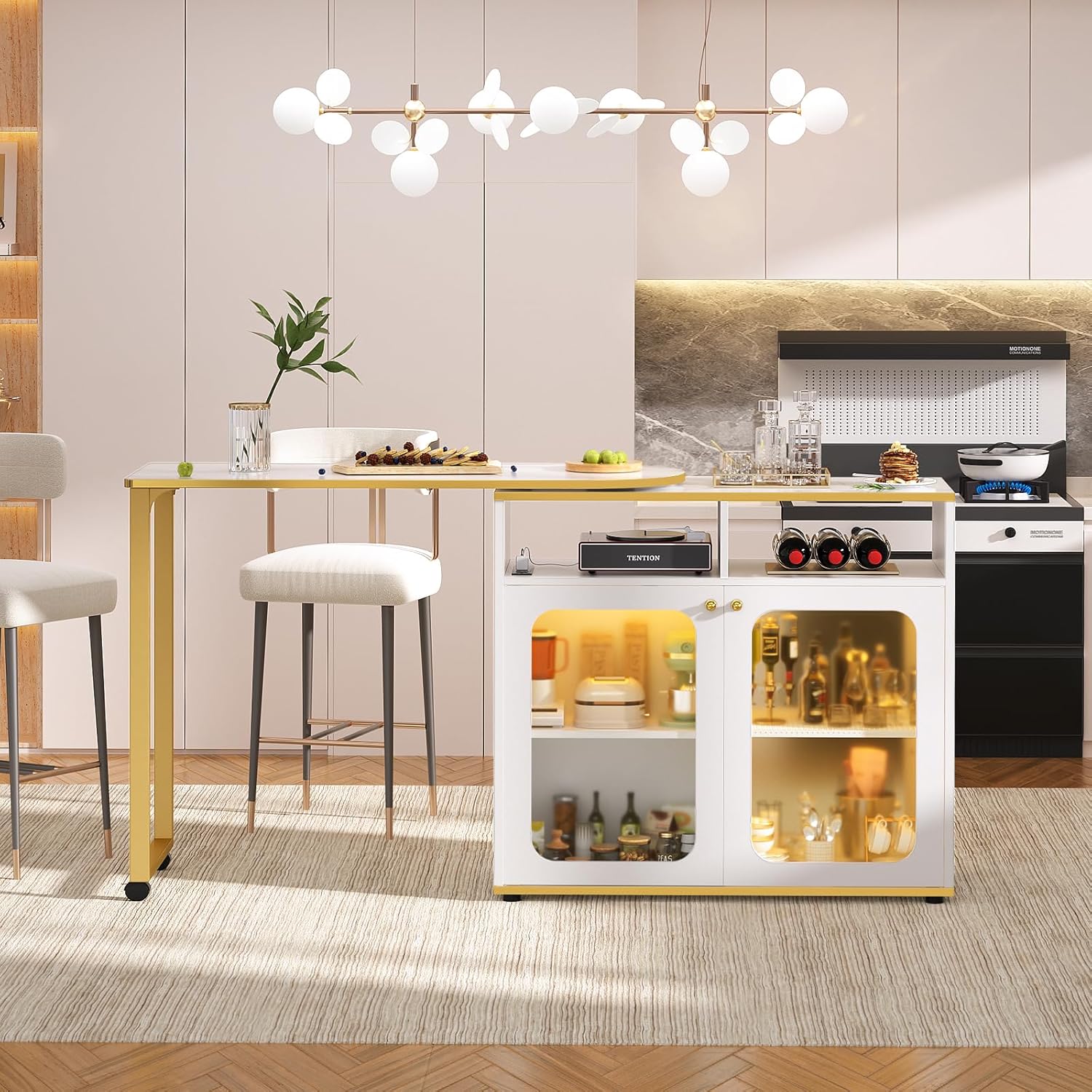 Cyclysio Armario giratorio de 360, barra casera de 59 pulgadas con luz LED y estación de carga, gabinete de vino plegable de doble cara con