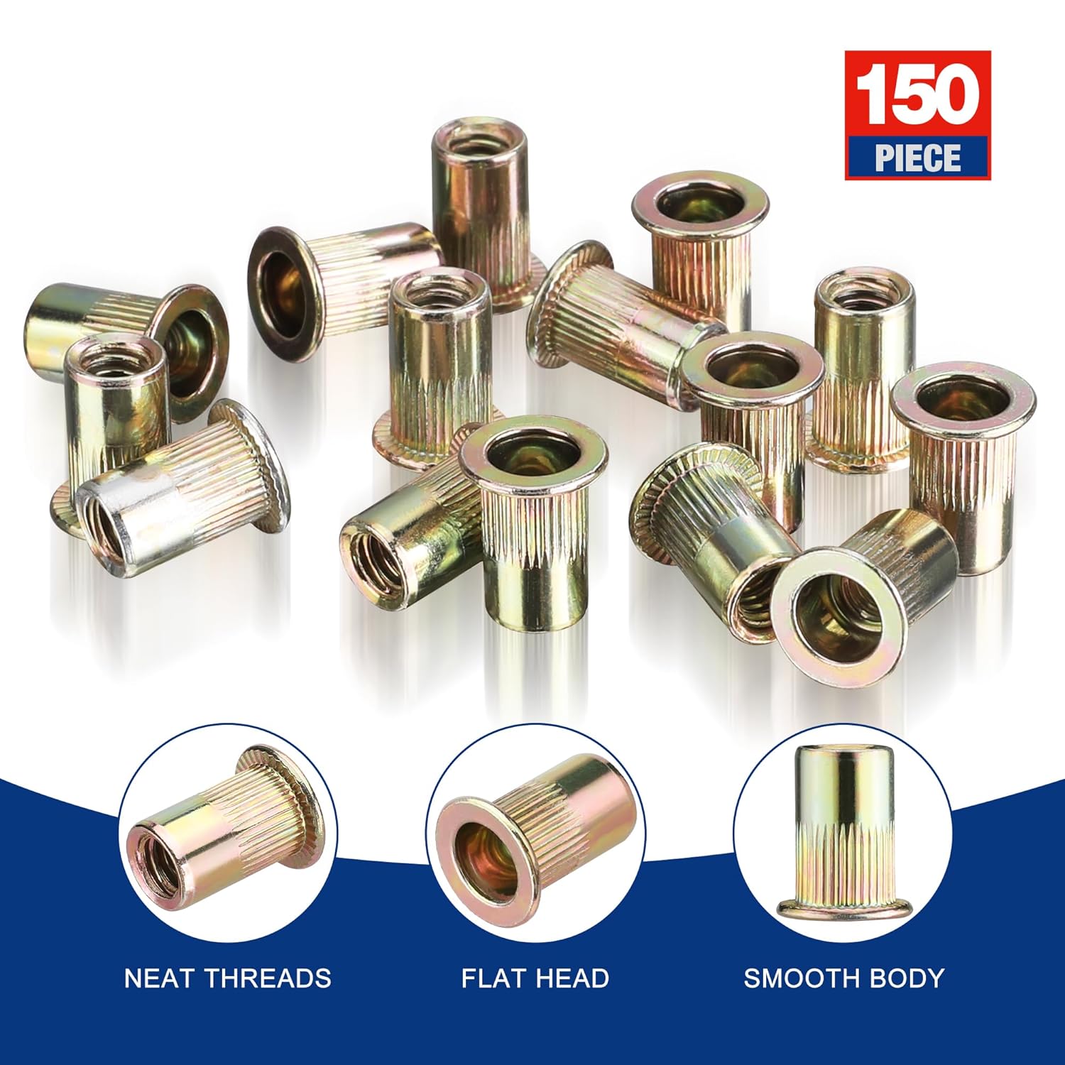 WORKPRO 150 tuercas de remache, tuerca remachable de acero al carbono chapado en zinc de 14 “-20, tuercas roscadas de cabeza plana con cuerpo