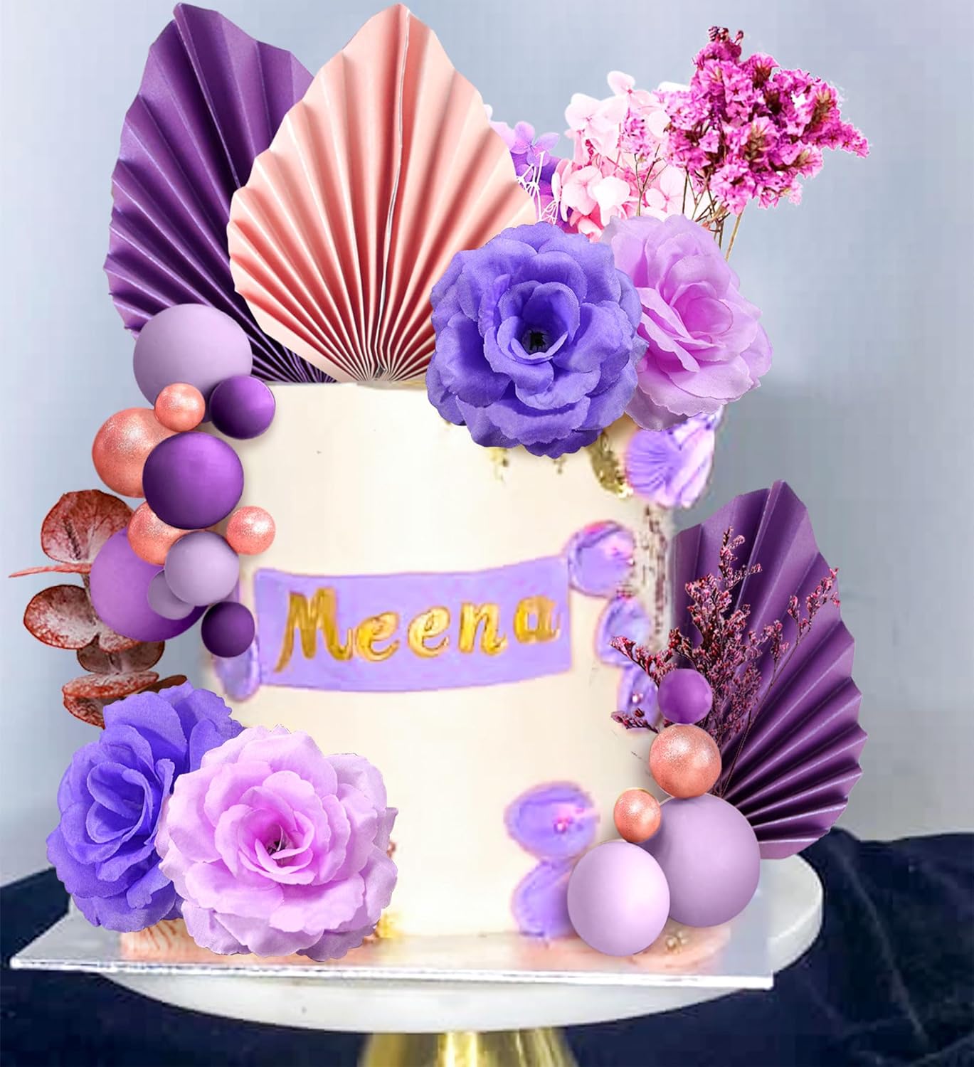 JeVenis 33 piezas de decoración de pasteles morados, decoración de pastel de rosas moradas, decoración de pasteles de hojas de palma, bolas,