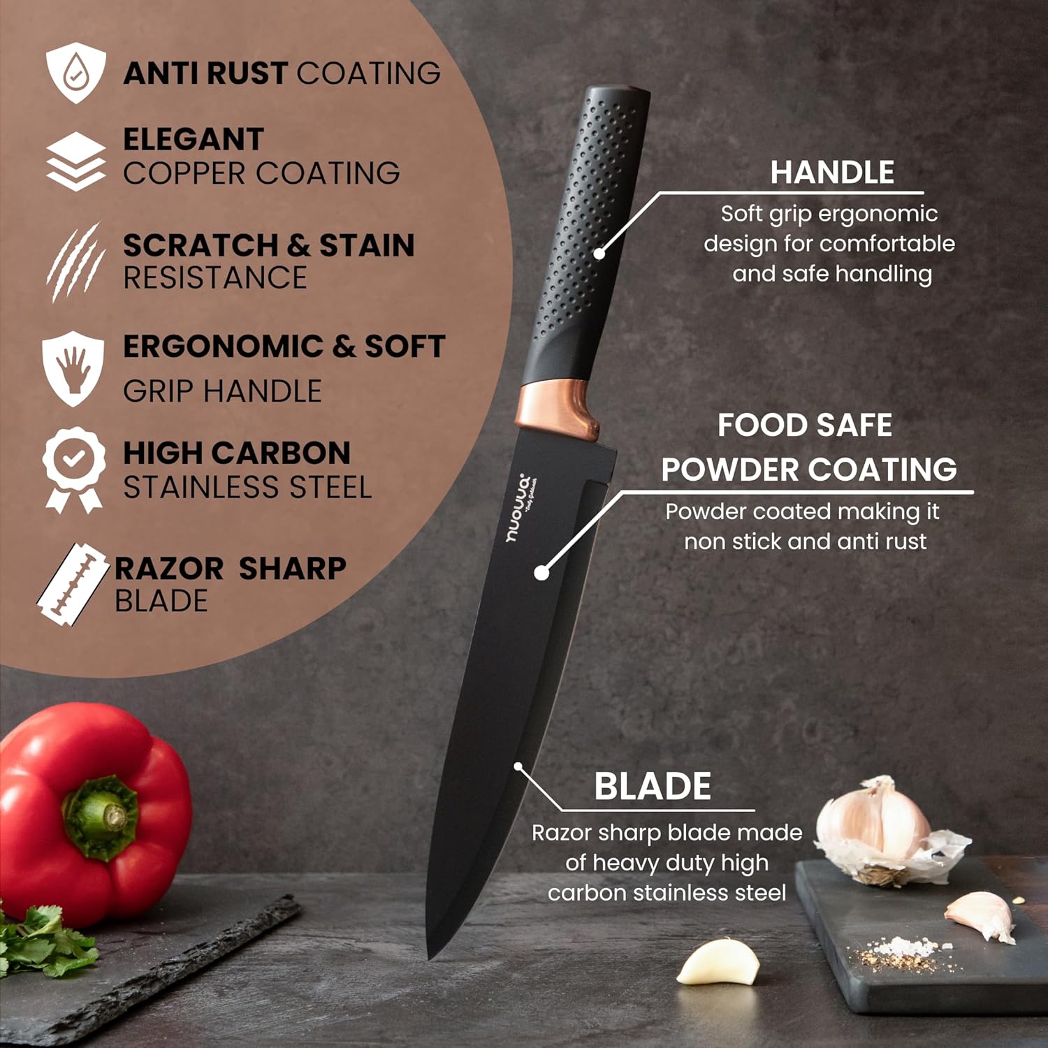 nuovva Juego de cuchillos de cocina profesionales con bloque, juego de cuchillos de cobre de 17 piezas con cuchillos para carne, bloque de acrílico