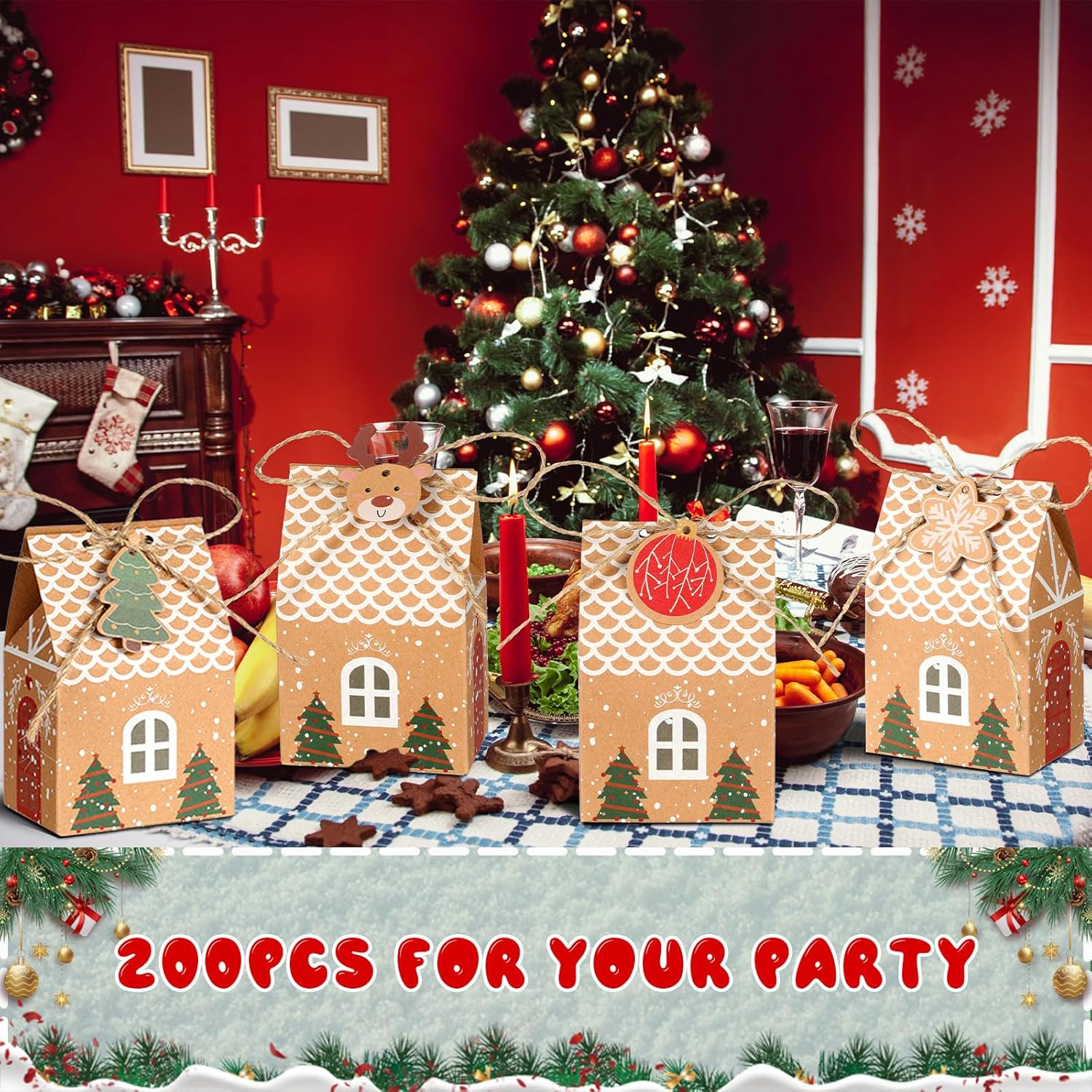 Qeeenar 200 bolsas de regalo de papel kraft de Navidad, 6 estilos, bolsas de dulces de Navidad, cajas de dulces de Navidad para galletas, regalos de