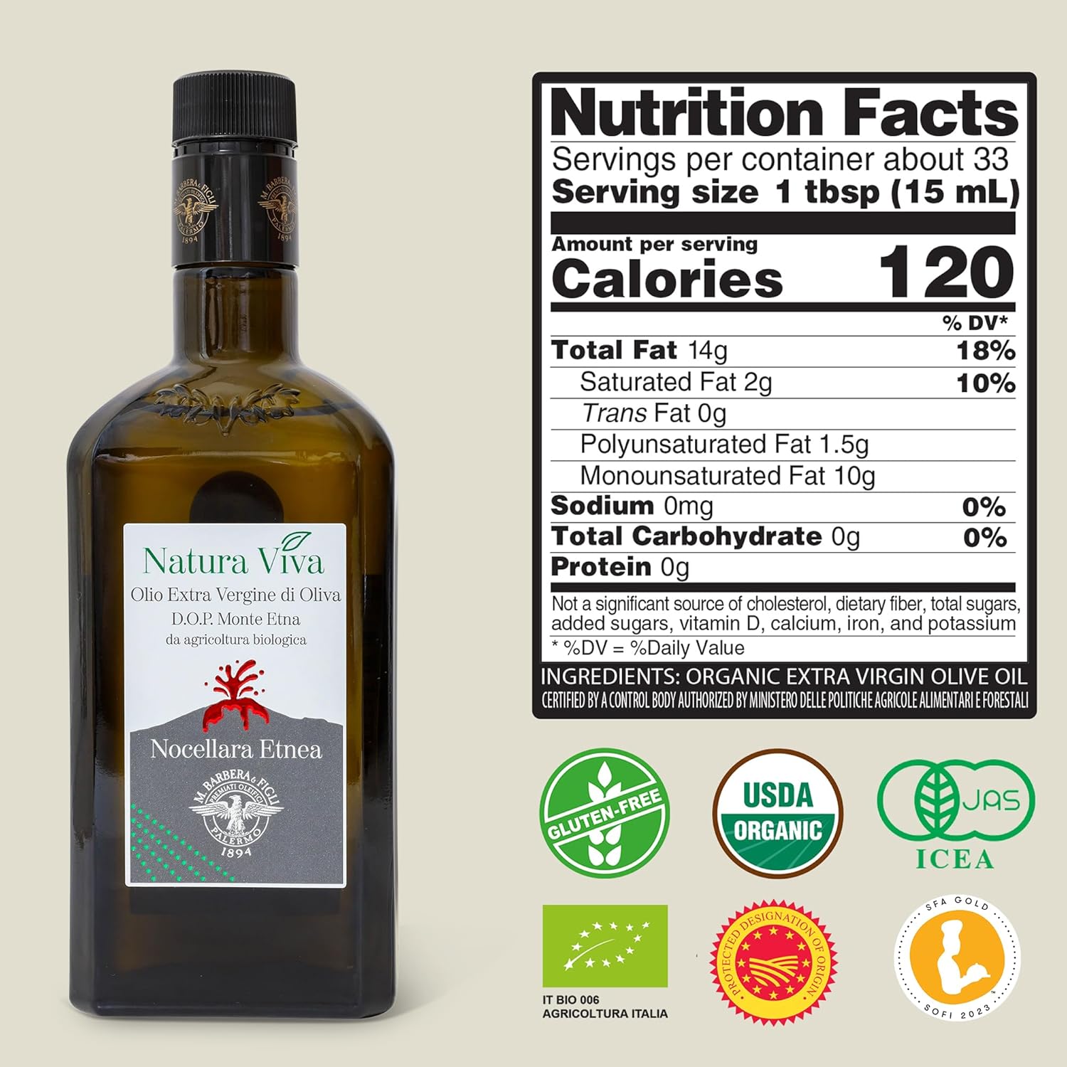 Barbera Natura Viva Aceite de oliva virgen extra orgánico DOP Monte Etna frutal, aceite de oliva siciliano importado auténtico extraído en frío,