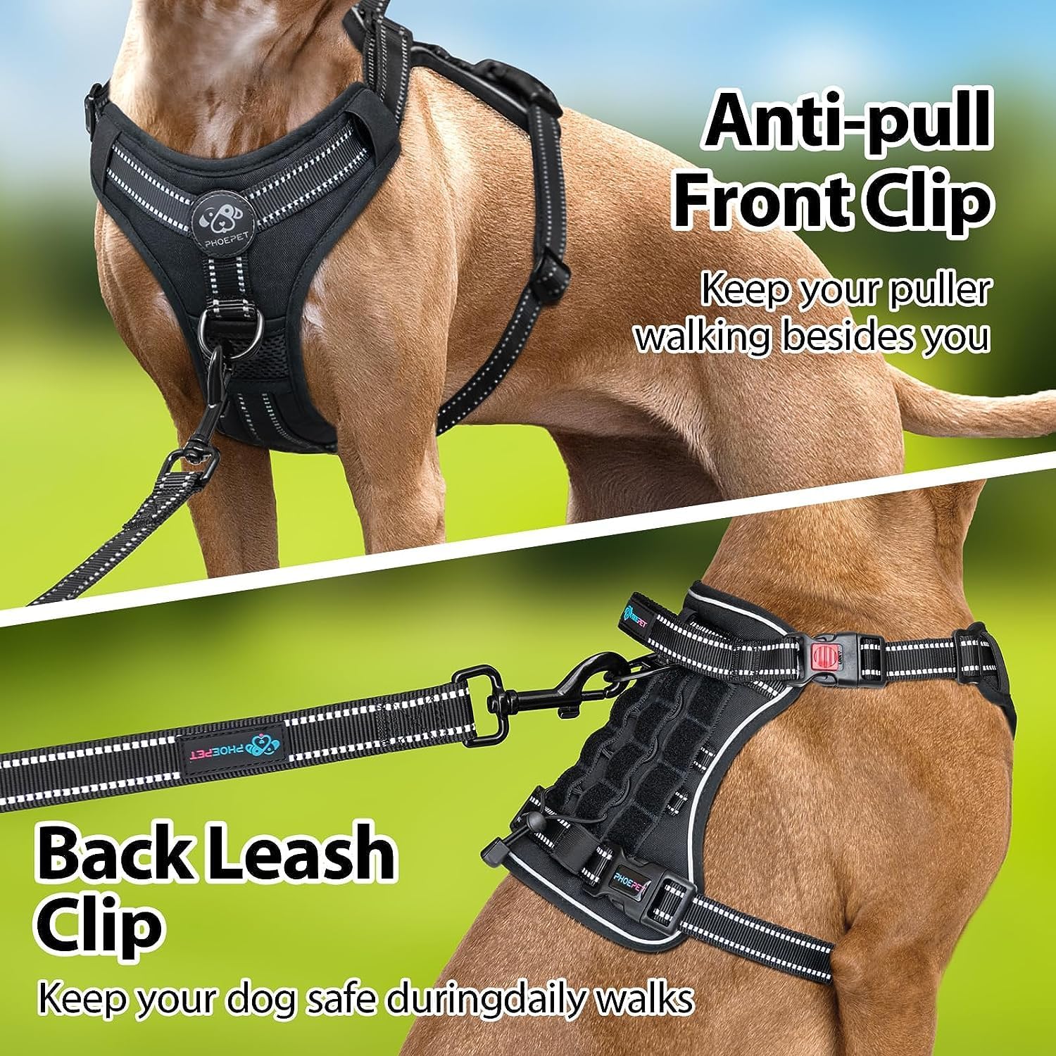 PHOEPET Arnés táctico sin tirones para perro, chaleco de servicio con paneles Molle y bucle, fácil control con asa para perros grandes (negro, XL)