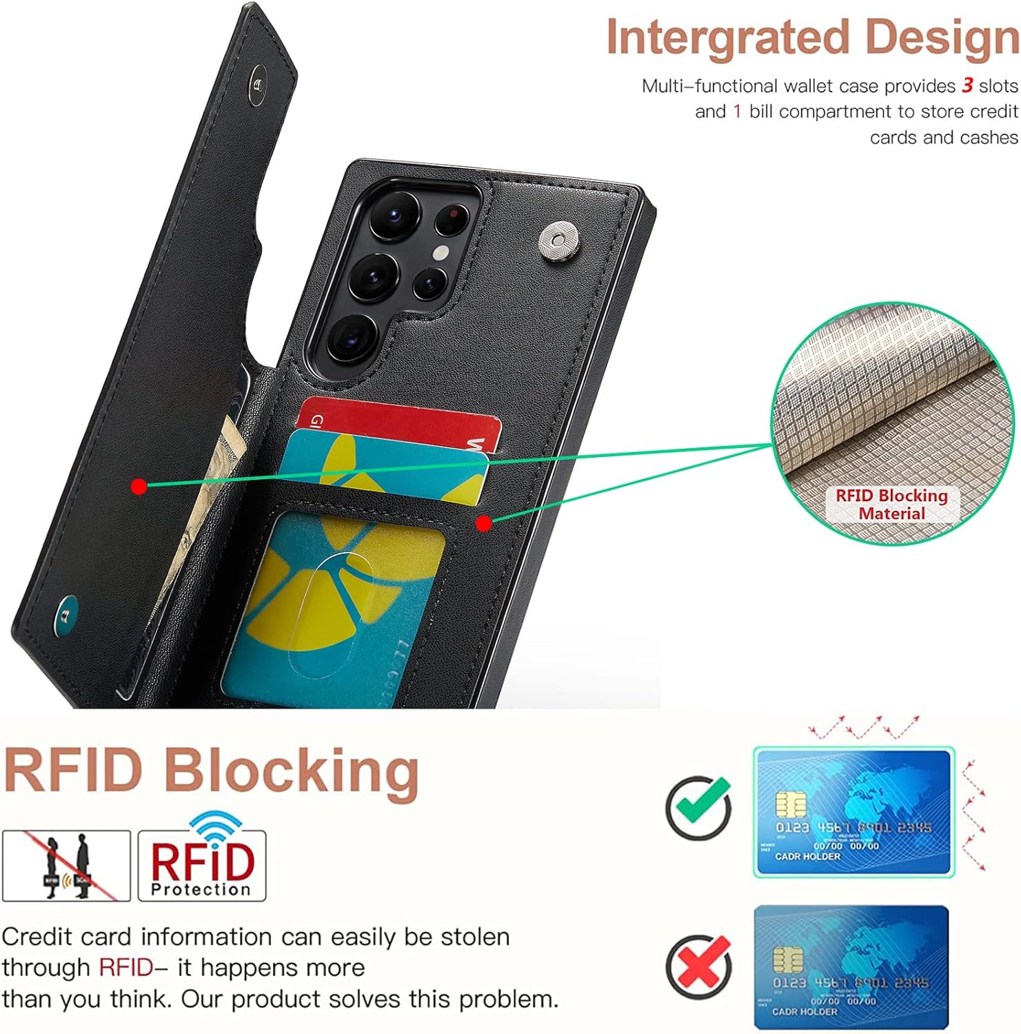 Funda para Galaxy S23 Ultra, funda de piel tipo cartera de lujo con tapa y bloqueo RFID, ranuras para tarjetas y soporte para niñas y mujeres, funda
