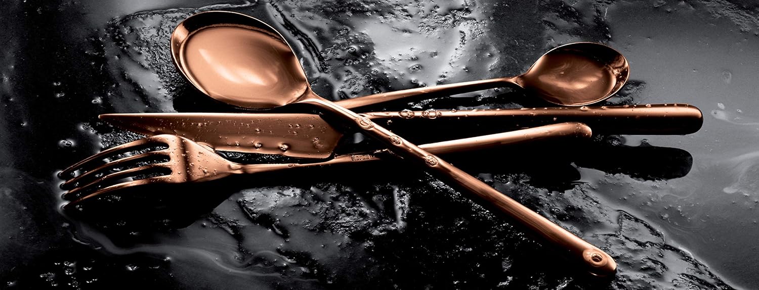 Mepra Linea Bronzo – Juego de cubiertos de 5 piezas, acabado de cobre pulido, cubiertos aptos para lavavajillas para comidas finas