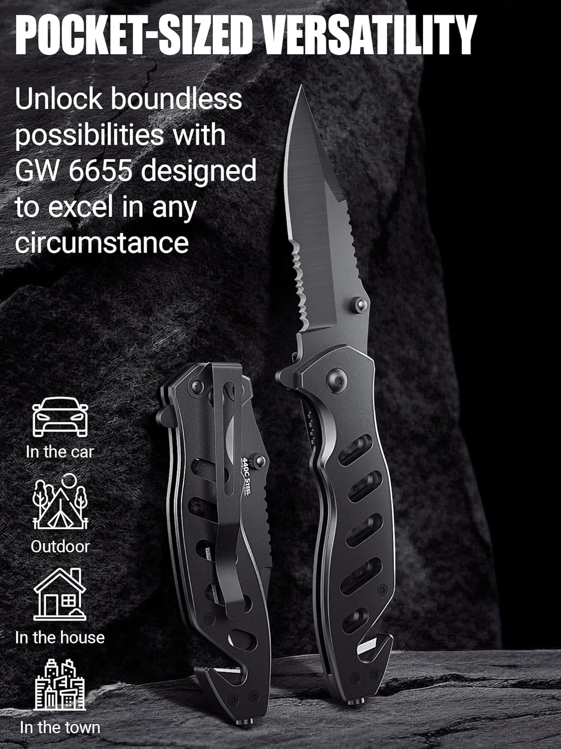 Cuchillo táctico legal para hombres y mujeres, cuchillo de bolsillo pequeño negro de hoja dentada de 2.68 pulgadas con cortador de cinturón de