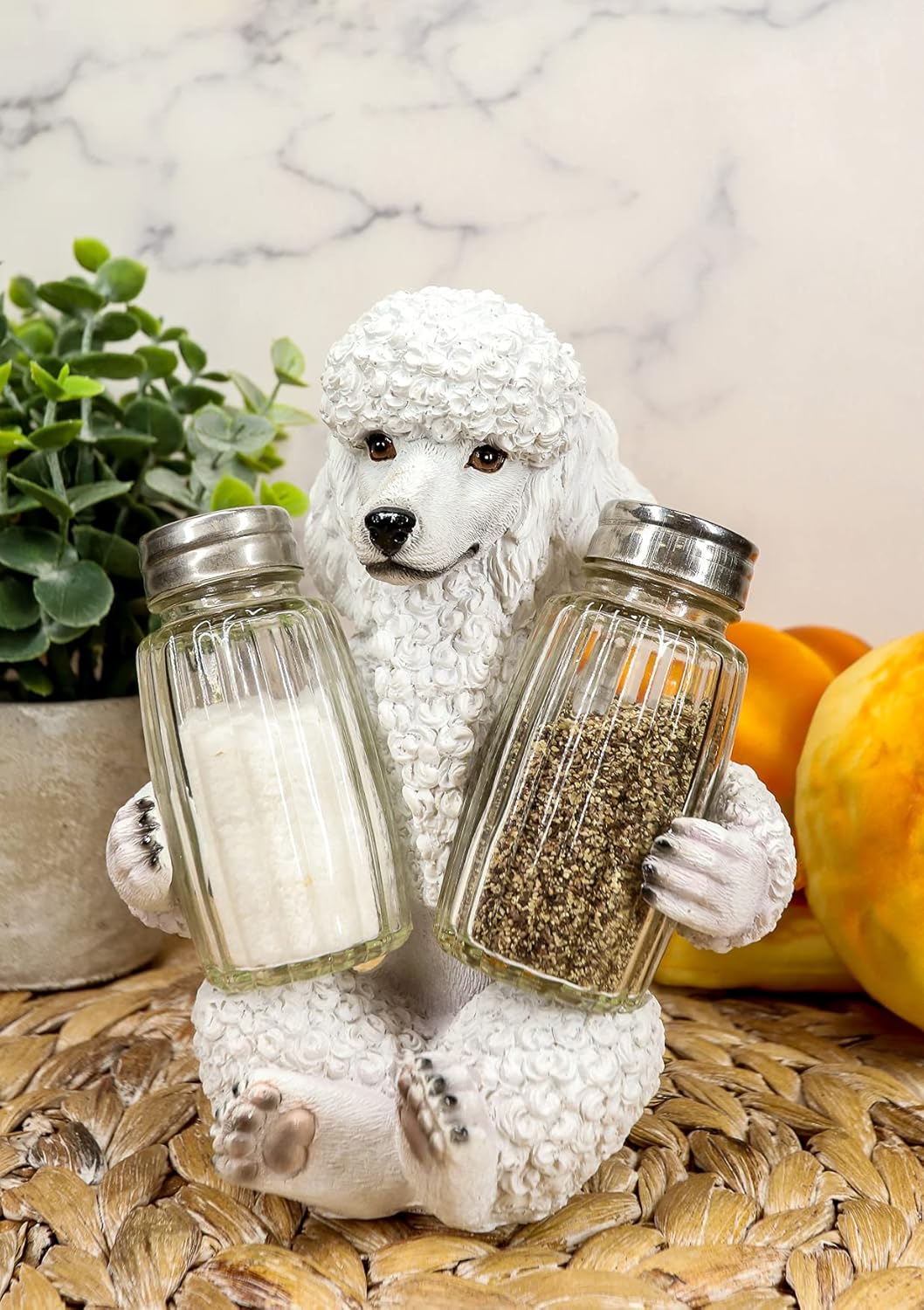 Ebros – Figura realista de cristal para perros caniches franceses blancos arreglados para salero y pimentero, 6.25 pulgadas de alto, caprichoso