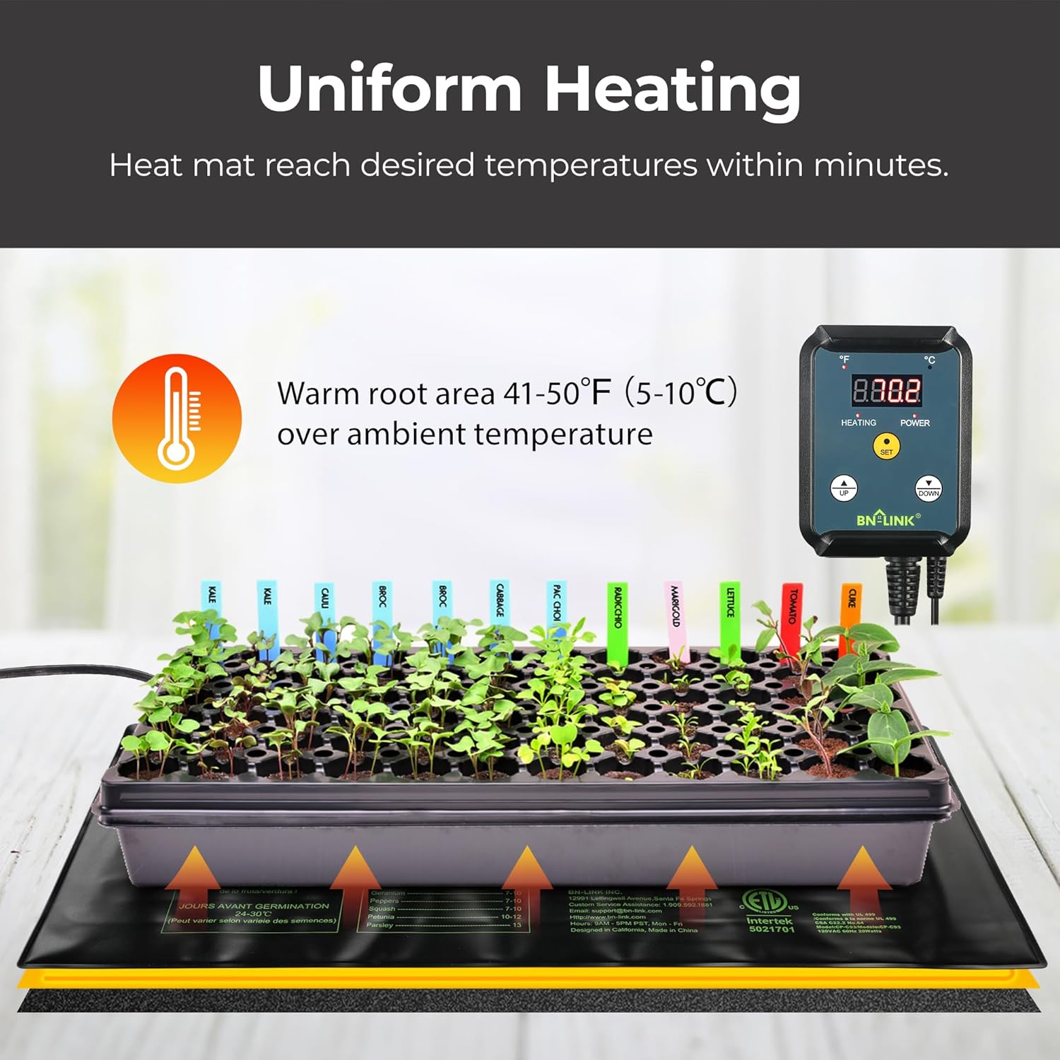 BN-LINK Alfombrilla térmica duradera para plántulas de 48 x 20.75 pulgadas con controlador de termostato digital, impermeable, para inicio de