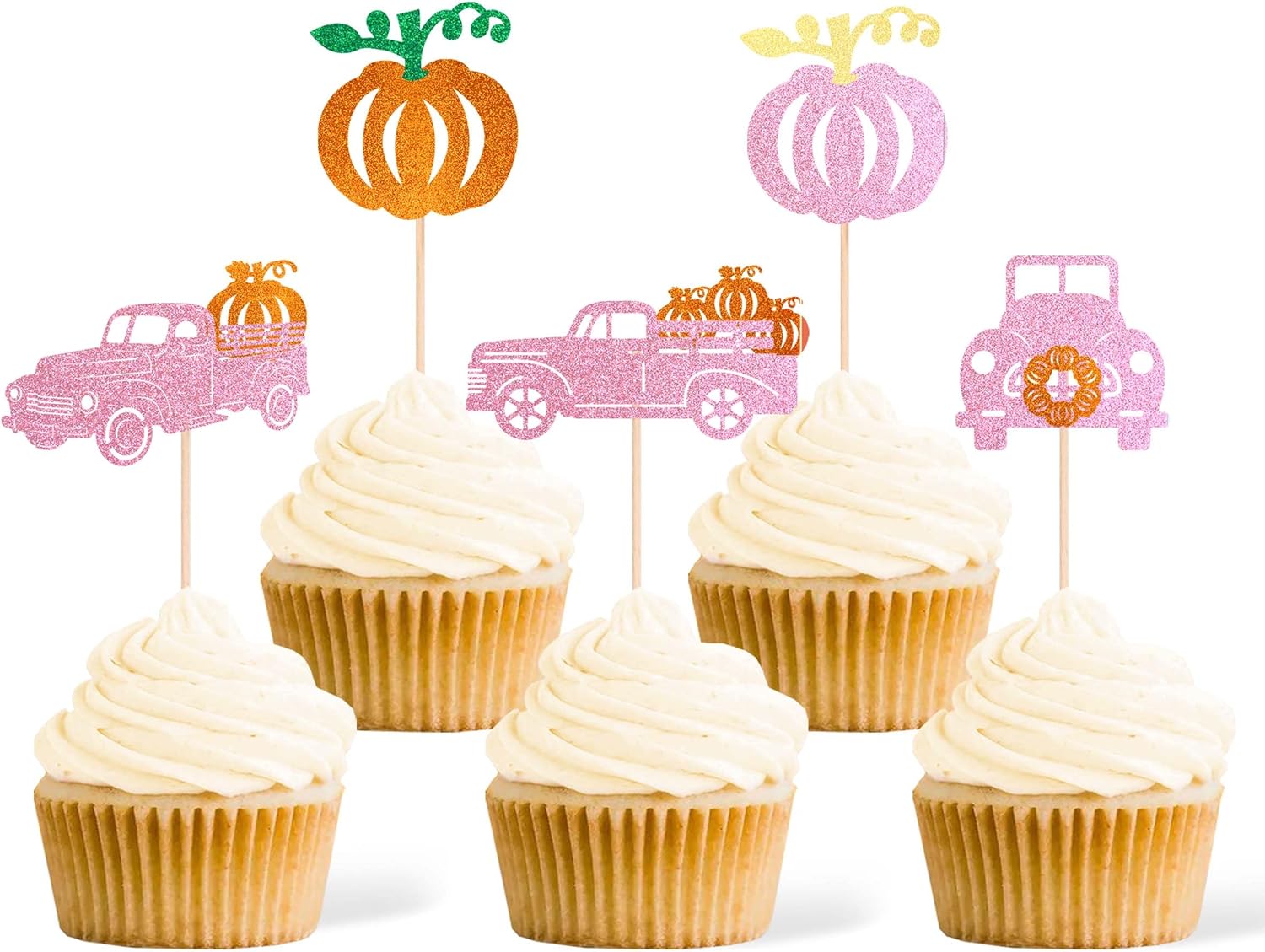 30 piezas de decoración de calabaza para cupcakes de camión de doble cara con purpurina rosa para automóvil, para cosecha, calabaza, tema de Acción