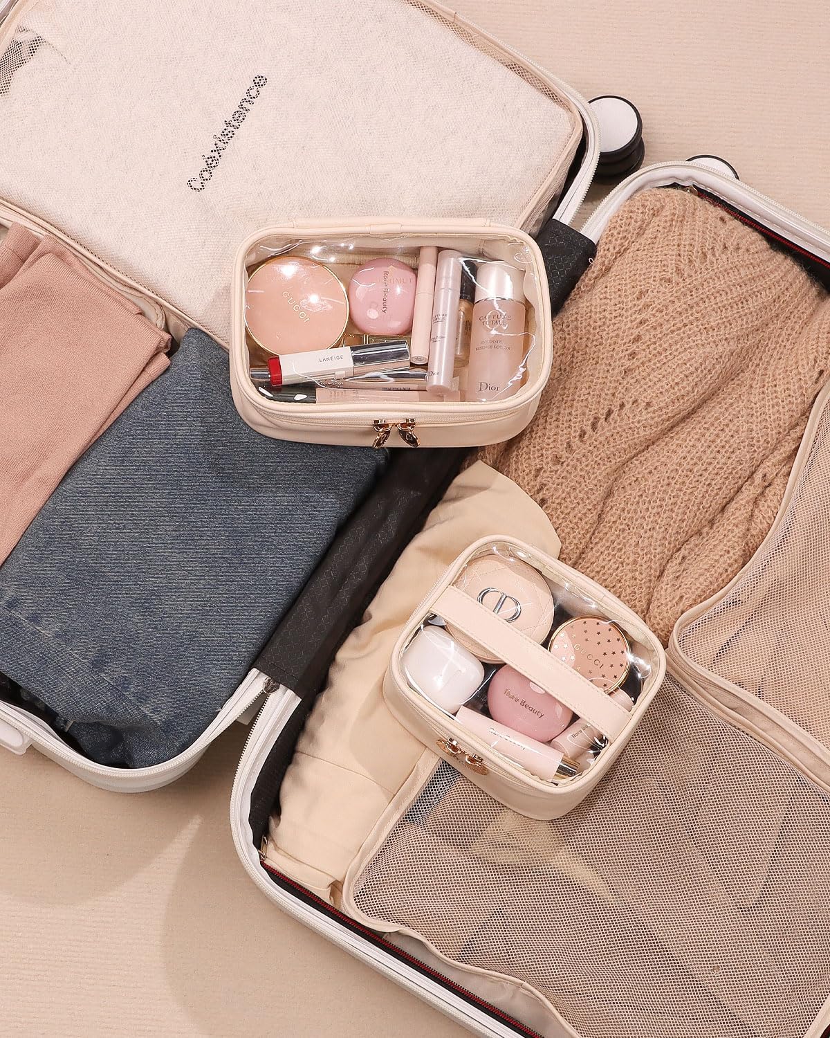 Pocmimut Bolsa de maquillaje transparente, bolsa de cosméticos de piel sintética, bolsa de maquillaje, accesorios de automóvil, organizador de