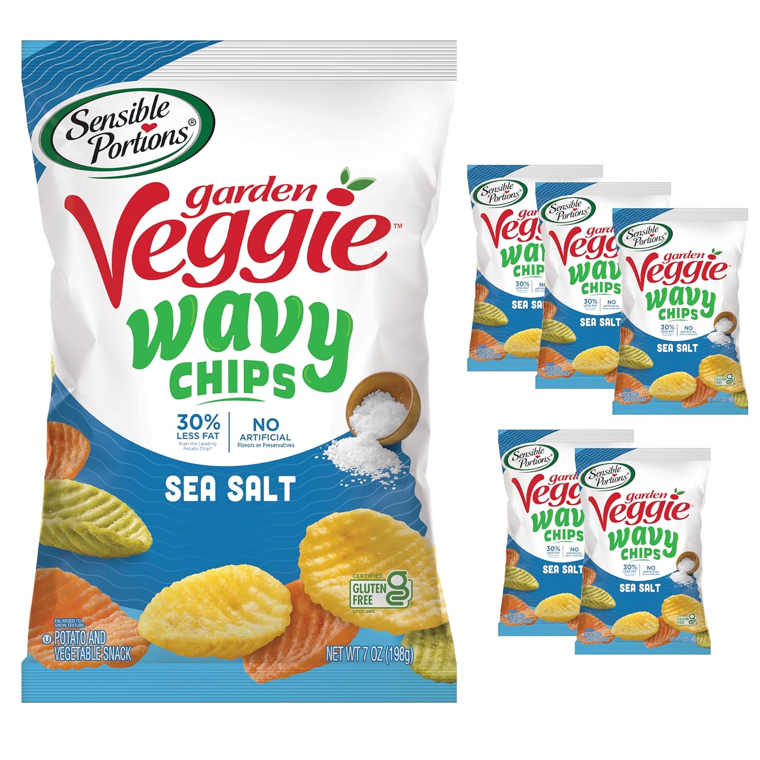 Sensible Portions Chips ondulados vegetarianos, sabor a sal marina, chips sin gluten, bolsa de 7 onzas, paquete de 6