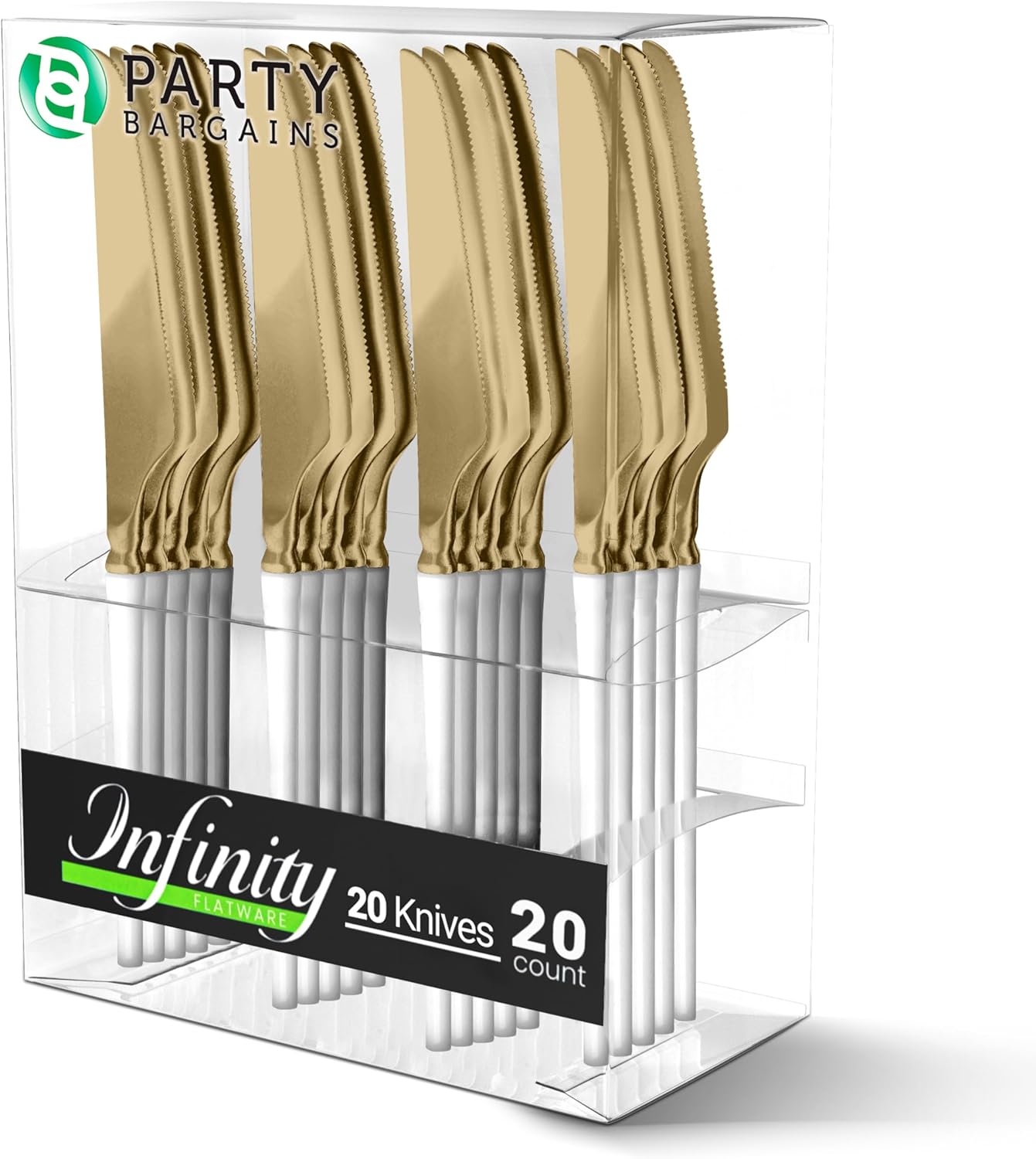 Party Bargains Cuchillos desechables de plástico de oro blanco, utensilios de diseño moderno infinito, paquete de 20